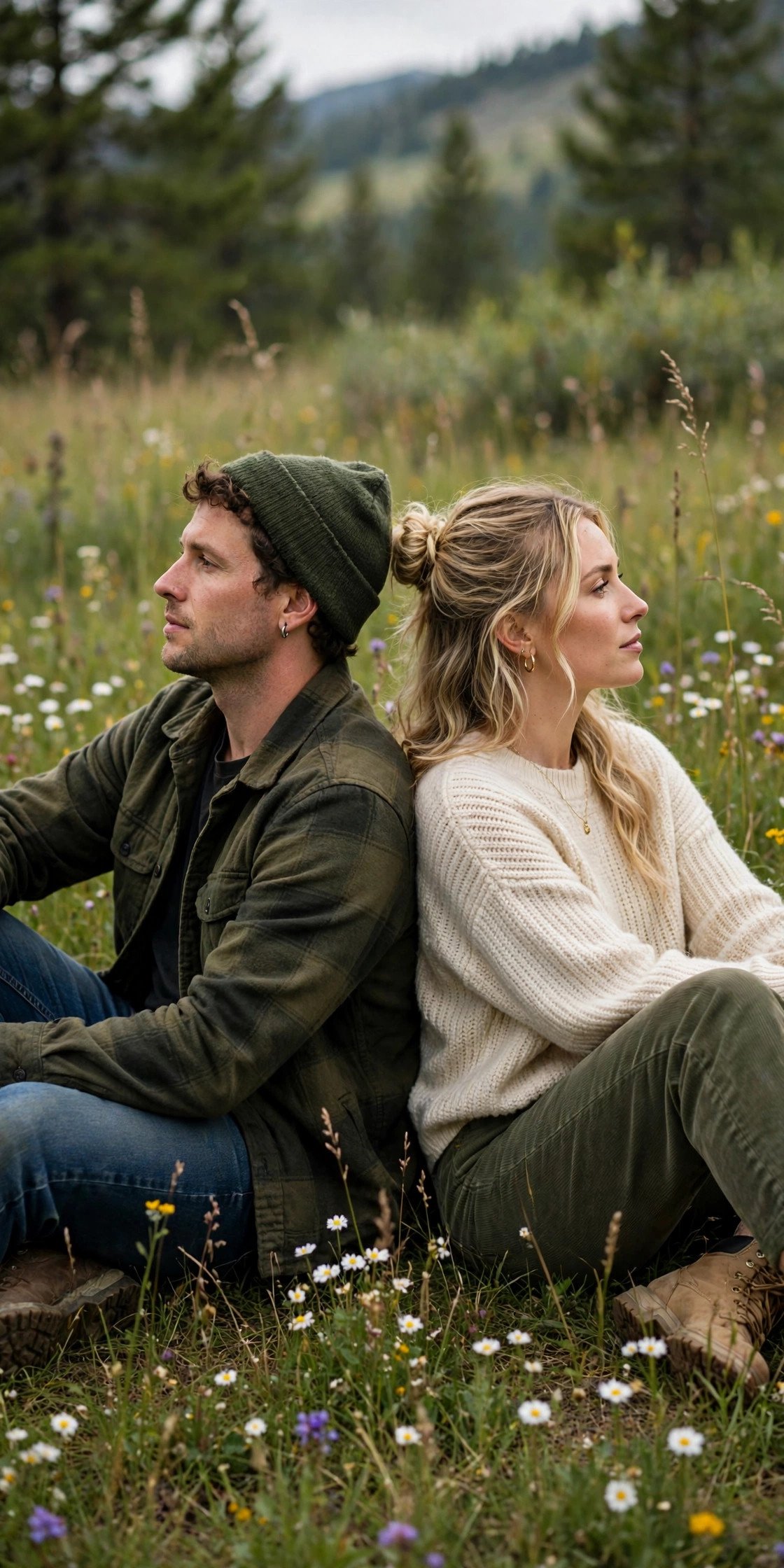 Couple sitting back to back in a meadow