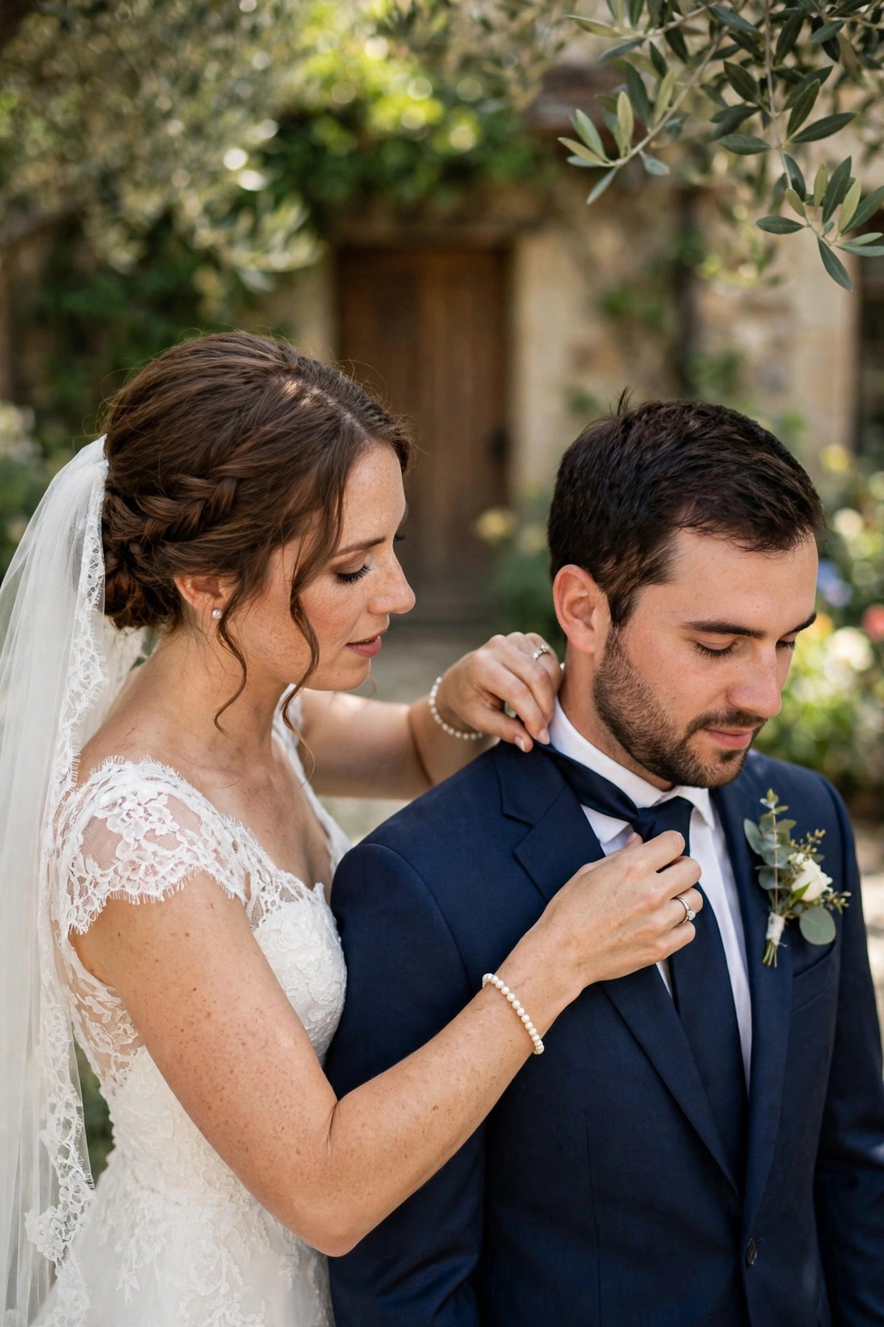 Bride adjusting groom's tie