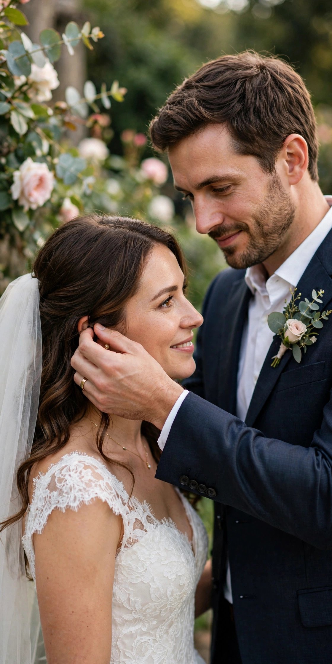 Groom tucking bride's hair behind her ear