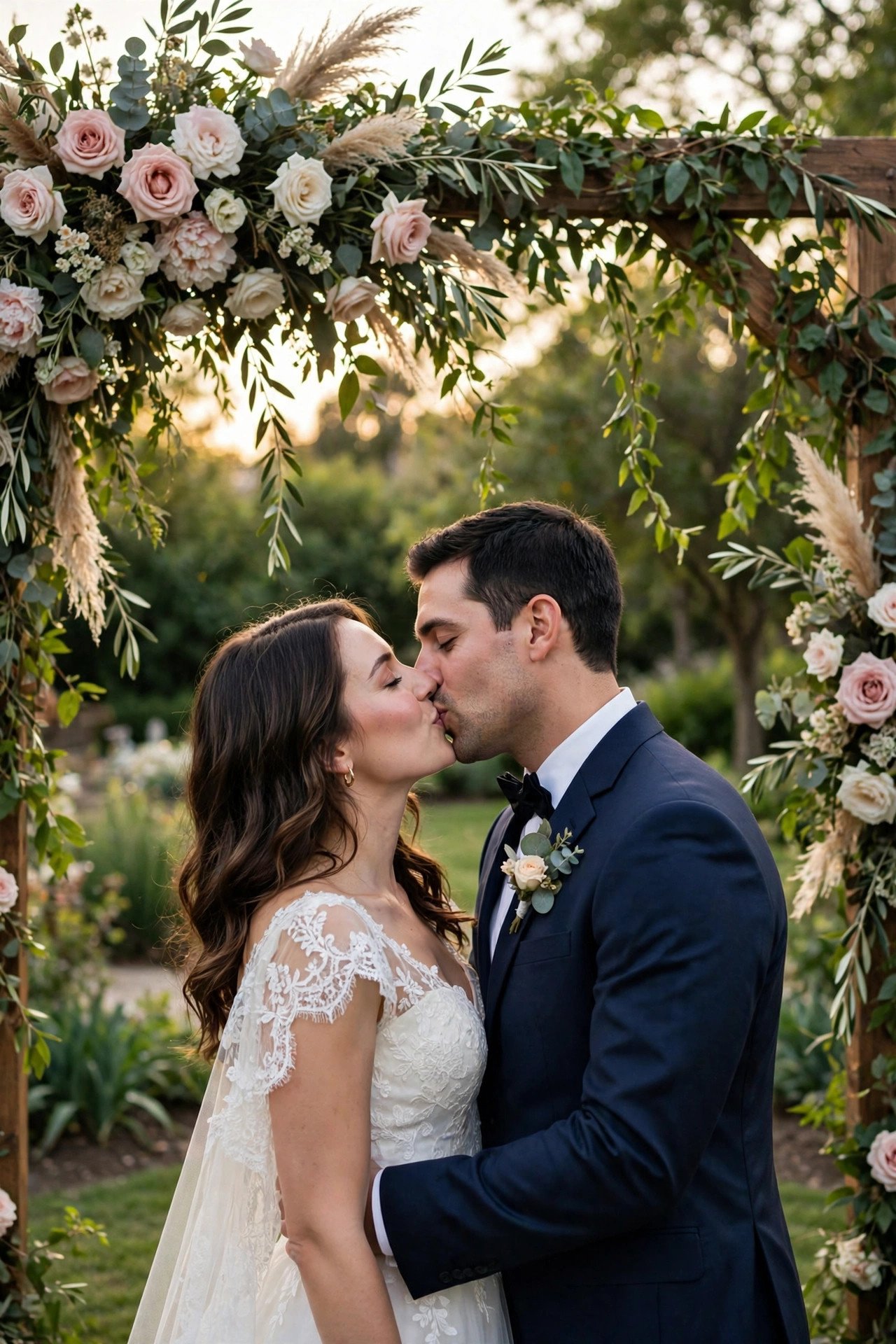 Couple kissing under a floral wedding arch