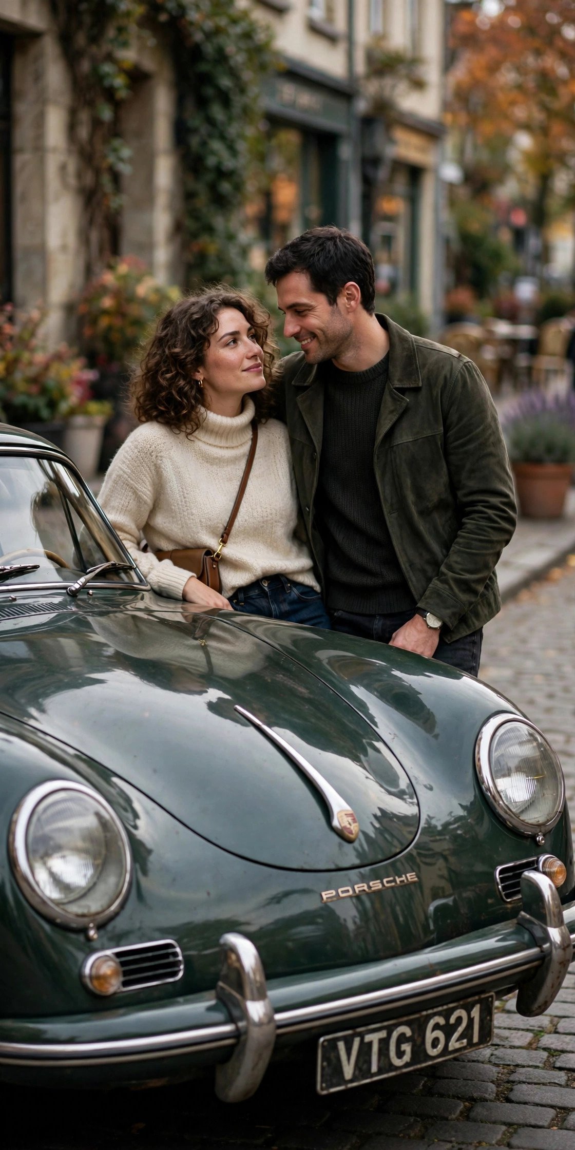 Couple leaning against a vintage car