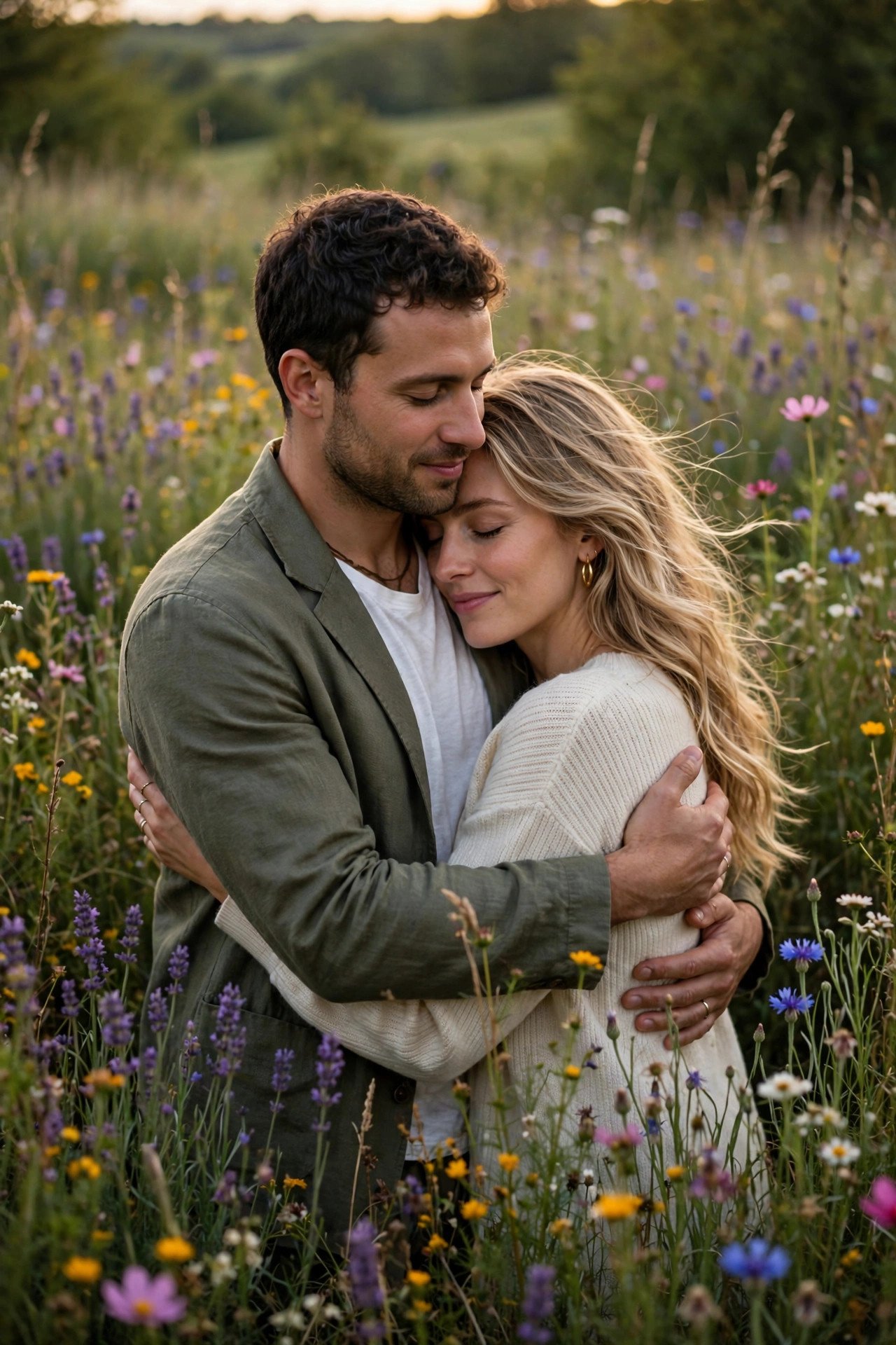 Couple embracing in a field of wildflowers