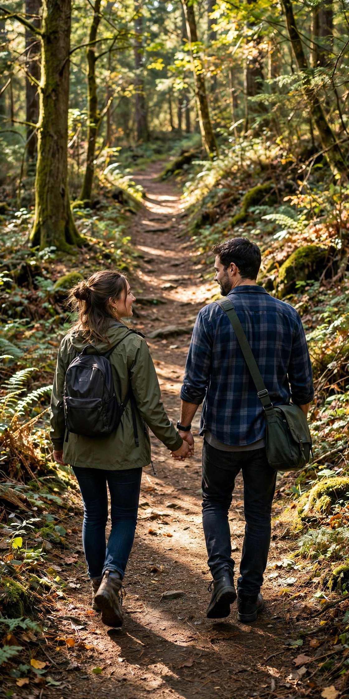 Couple walking down a sun-dappled forest path