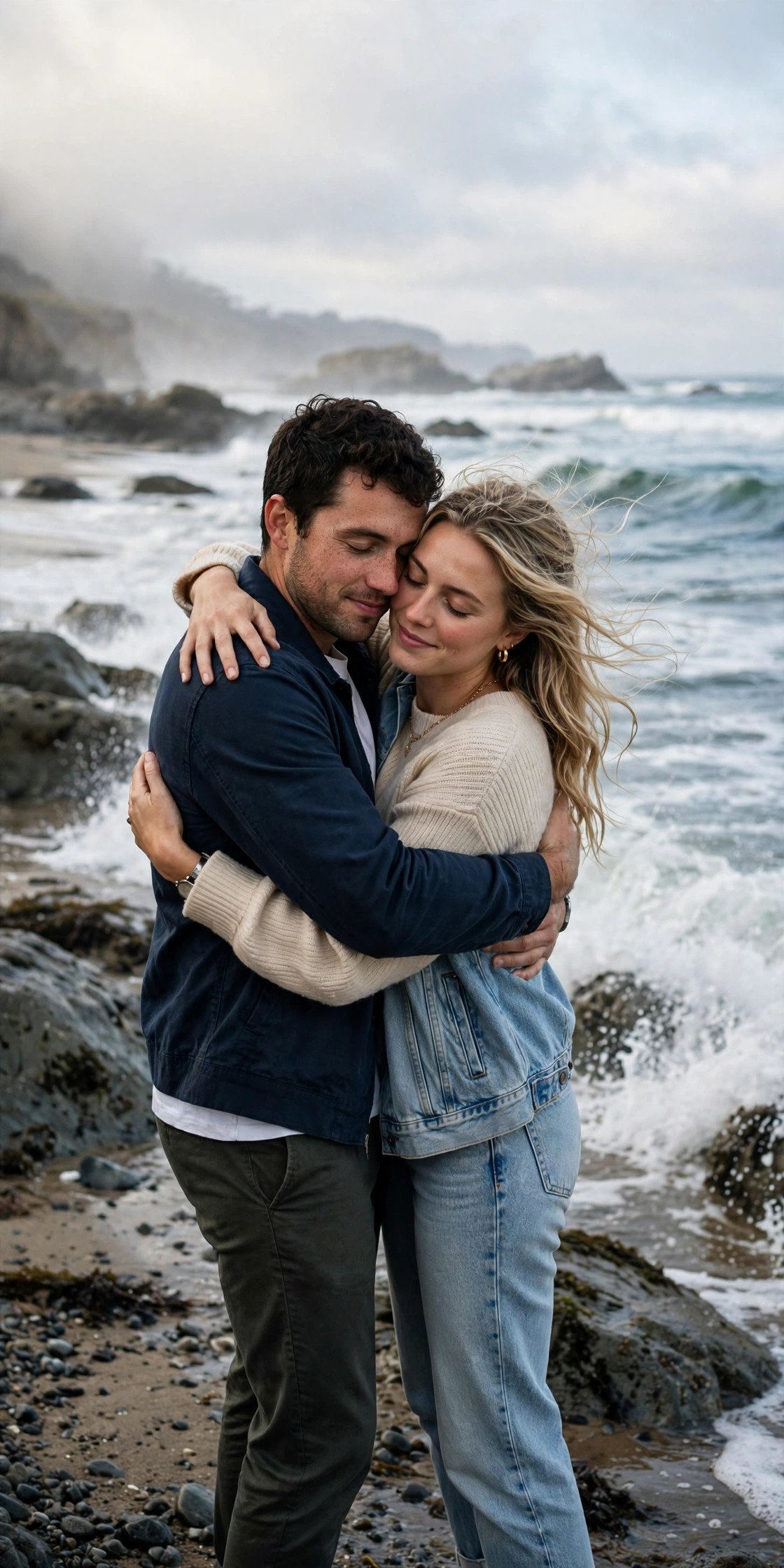 Couple embracing at the shoreline with waves