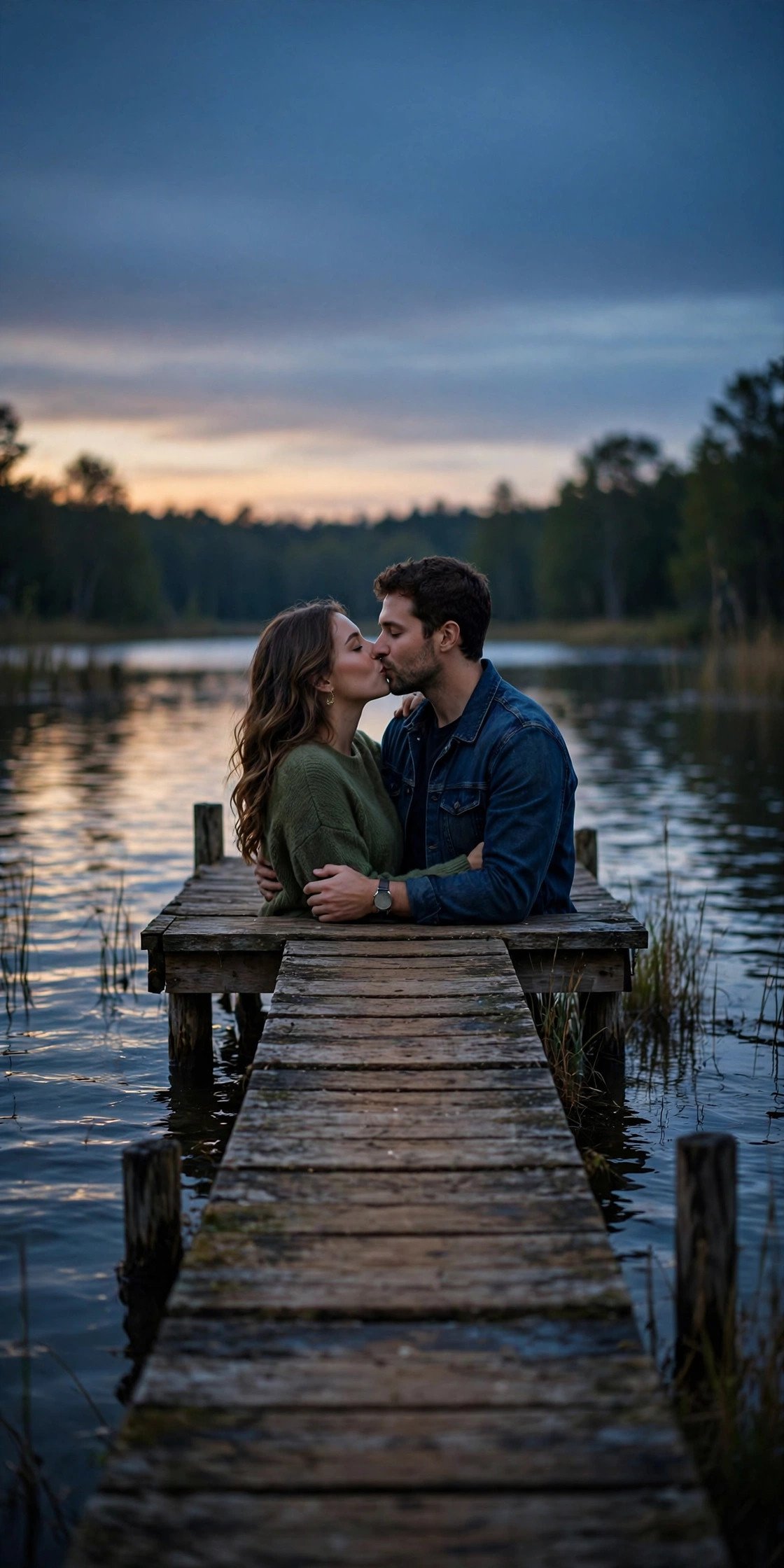 Couple kissing at the end of a wooden dock at dusk