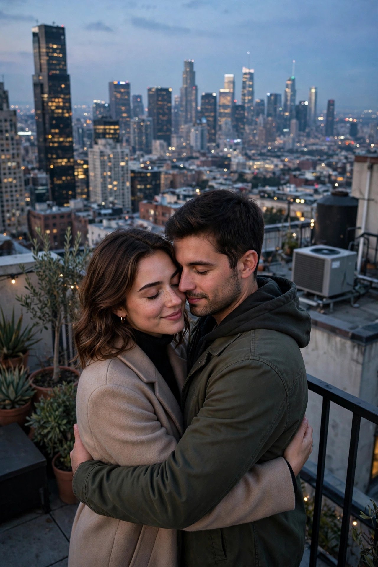 Couple embracing on a rooftop overlooking city skyline