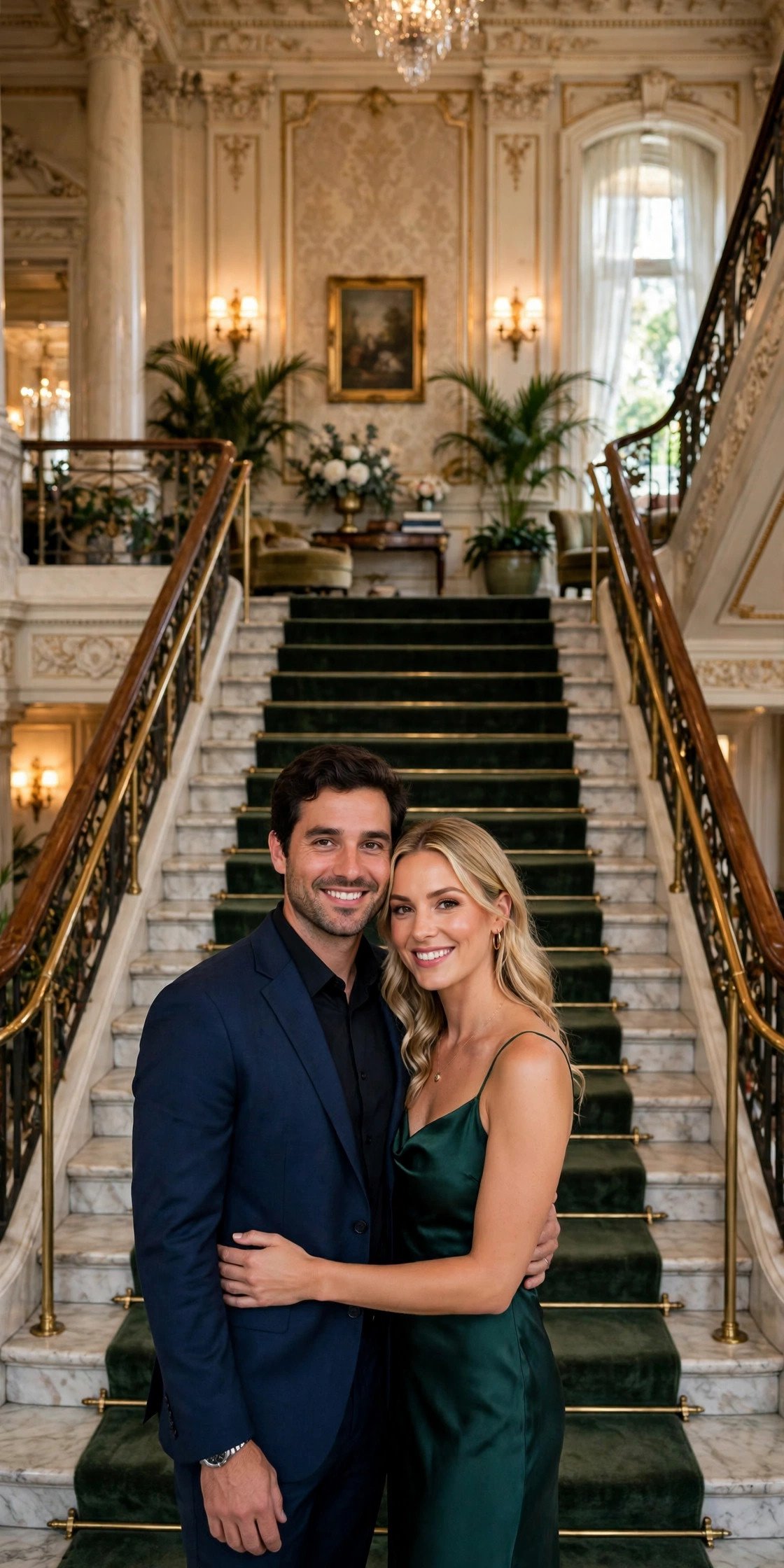 Couple posed on a grand hotel staircase