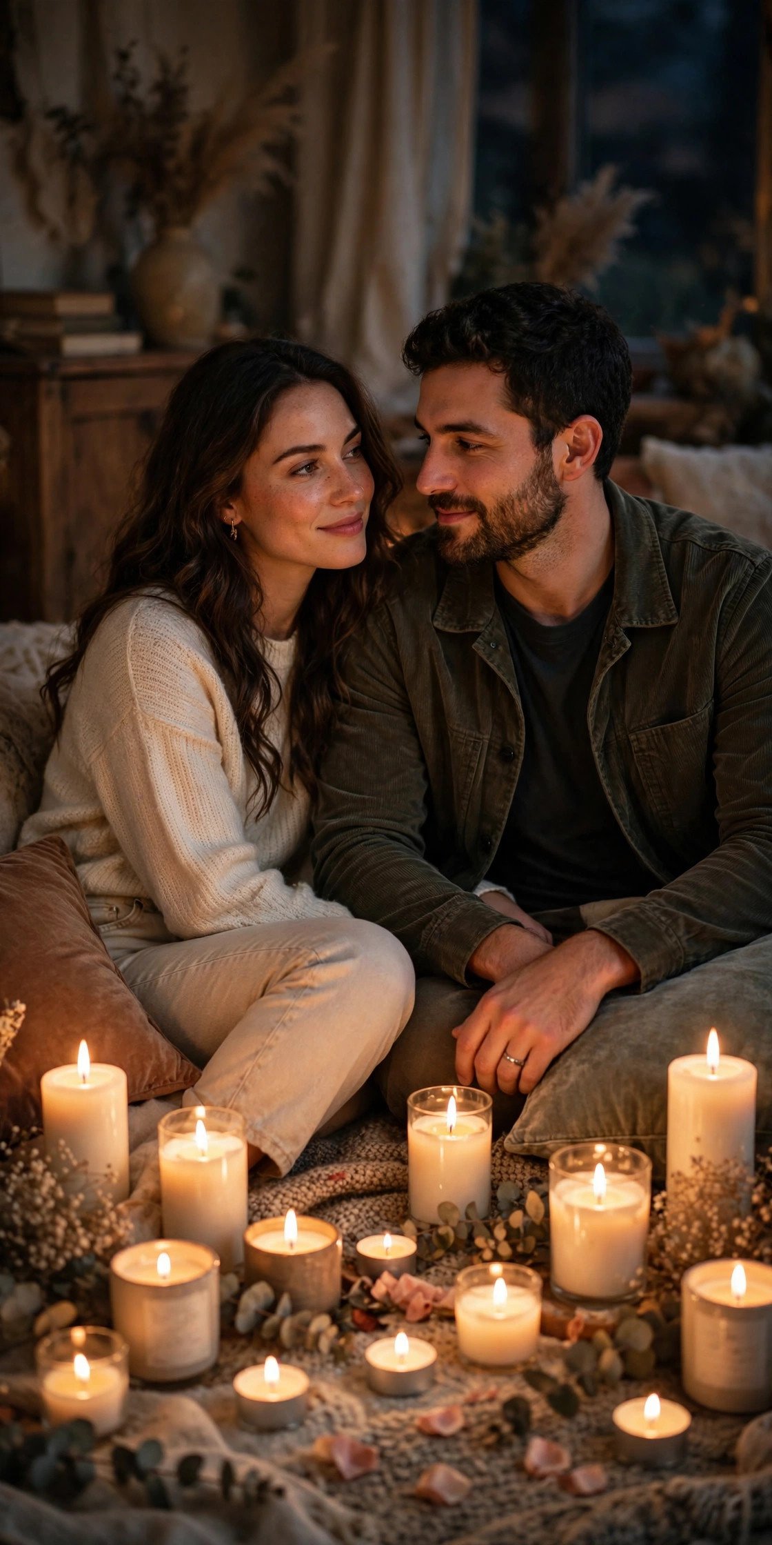 Couple sitting surrounded by candles
