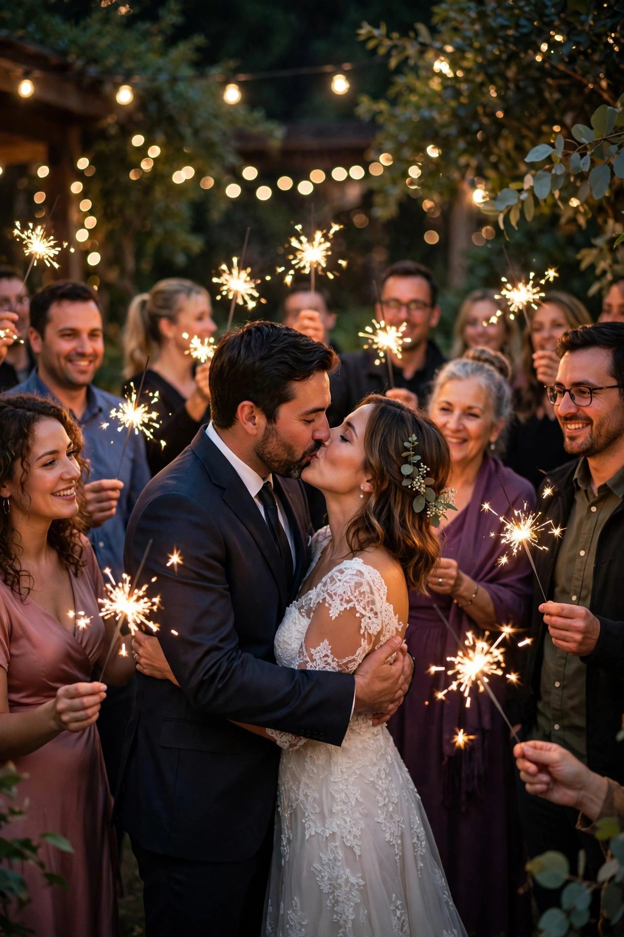 Couple kissing surrounded by guests holding sparklers