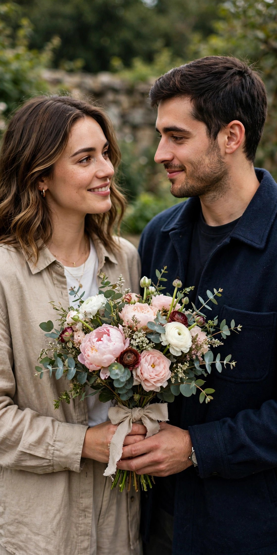 Couple holding bouquet together between them