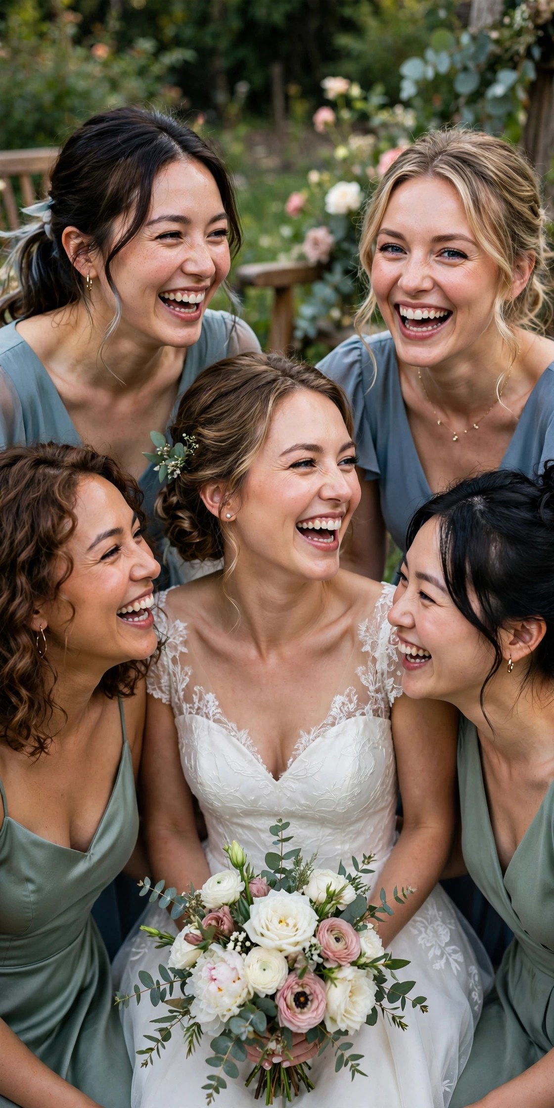 Bridesmaids surrounding bride laughing together