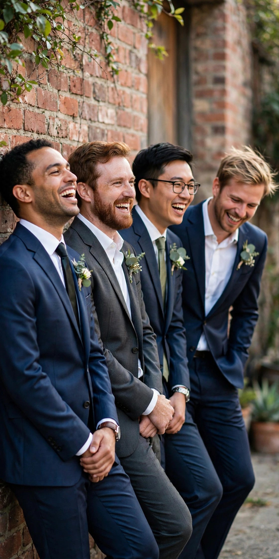 Groomsmen leaning casually against a wall laughing
