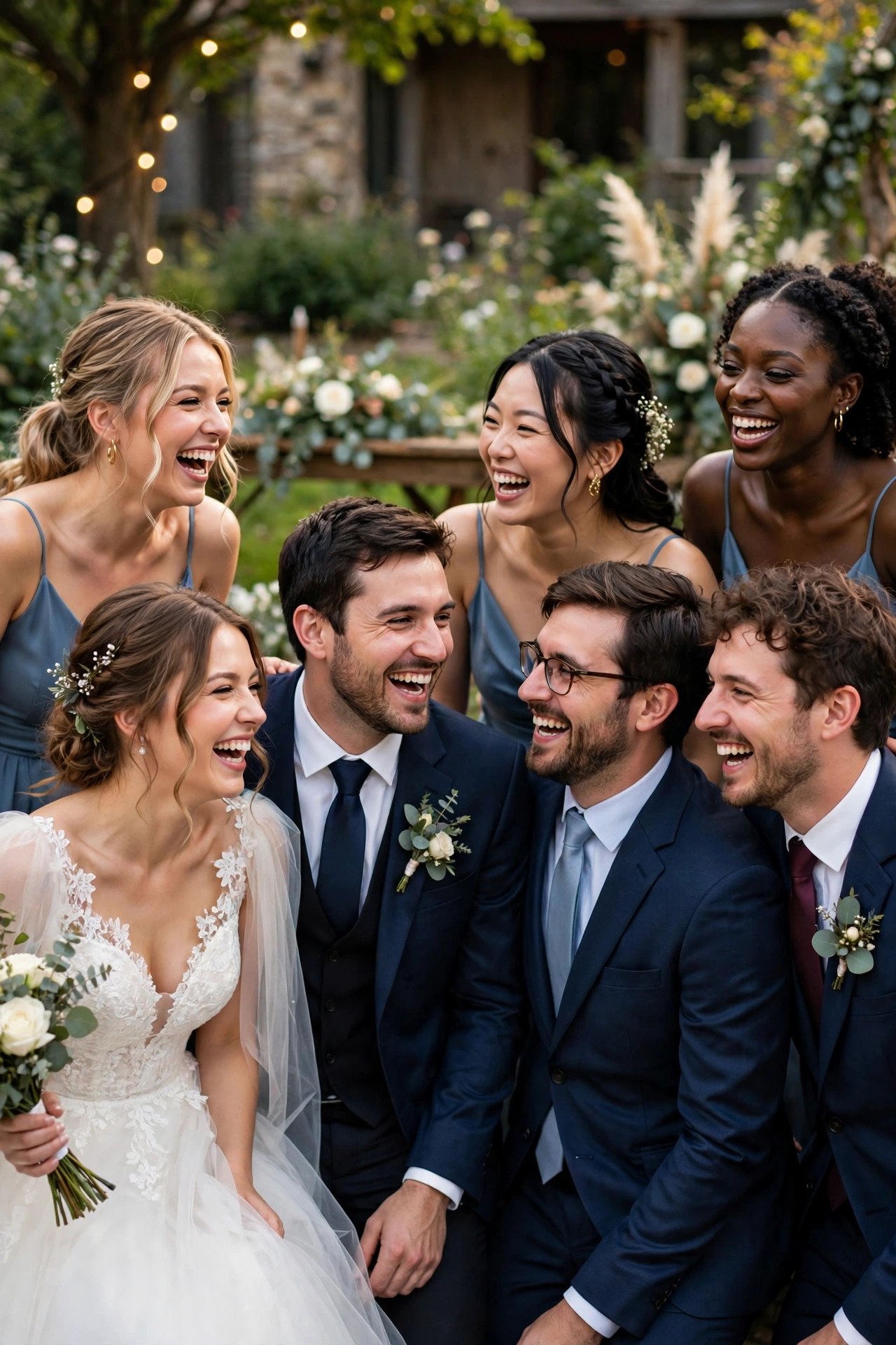 Entire wedding party laughing together