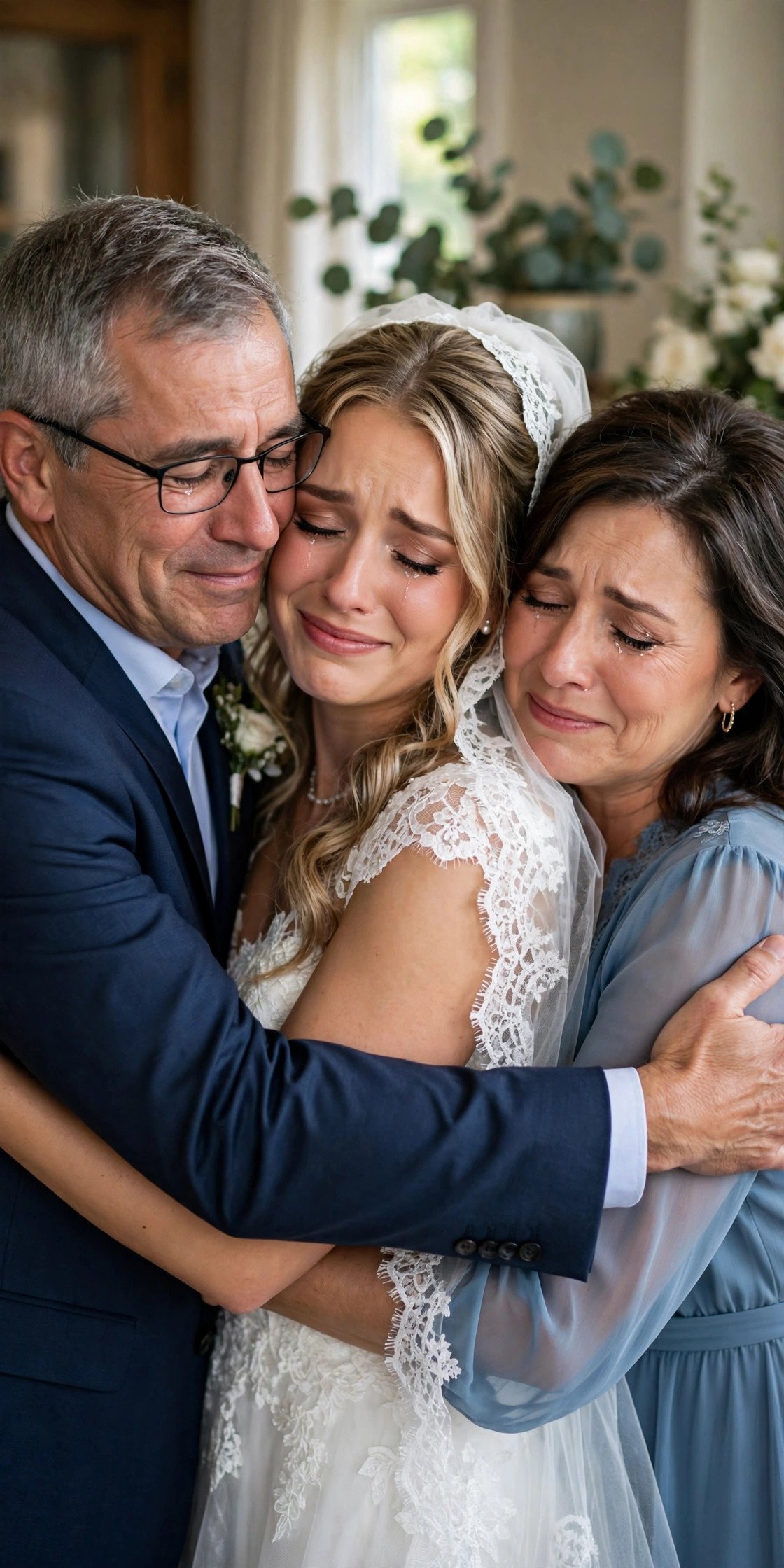 Bride hugging her parents emotionally