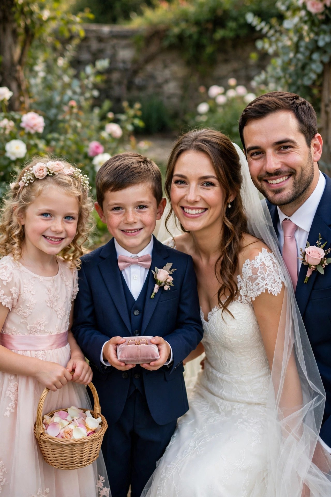Flower girl and ring bearer with bride and groom