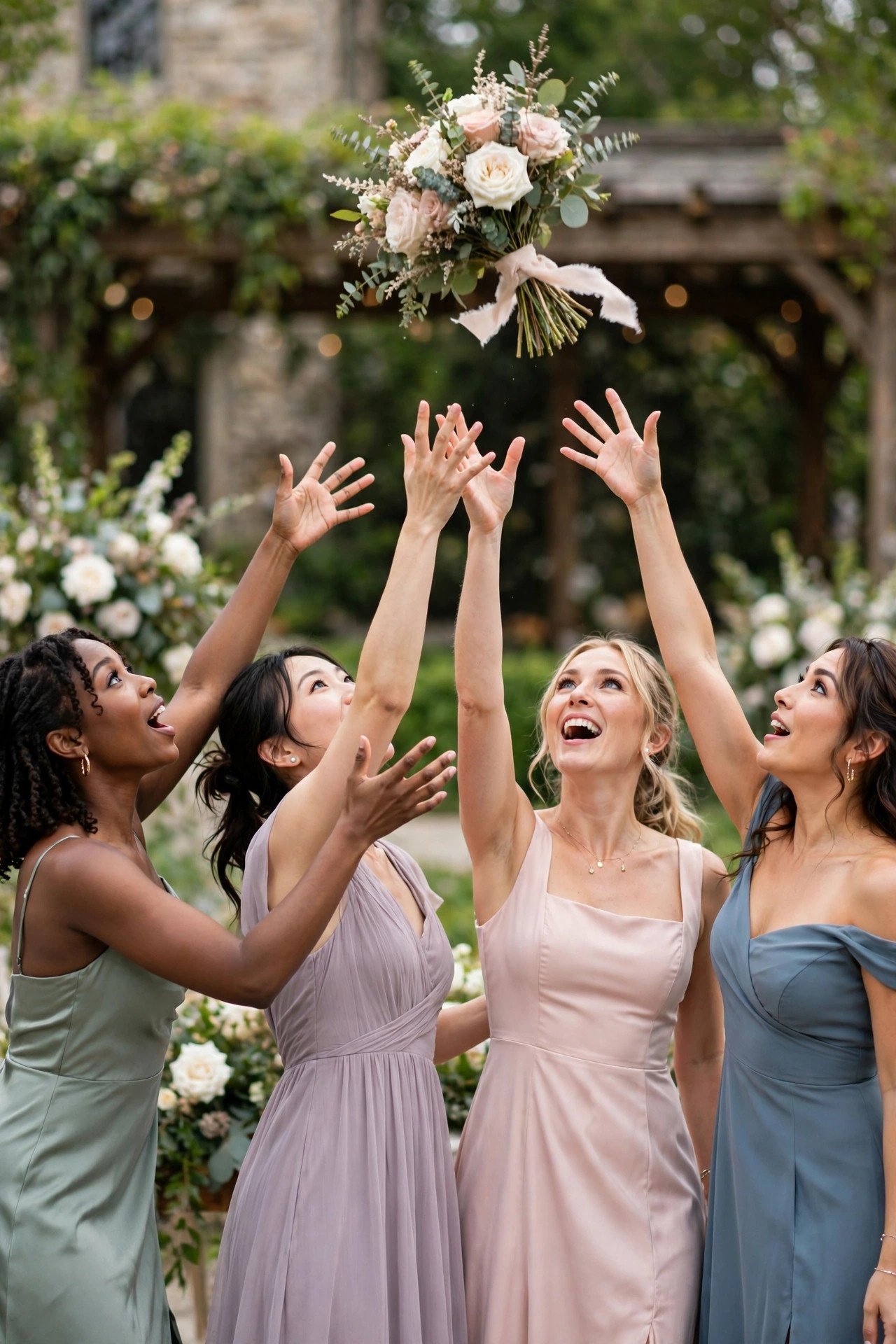Bridesmaids reaching for tossed bouquet mid-air