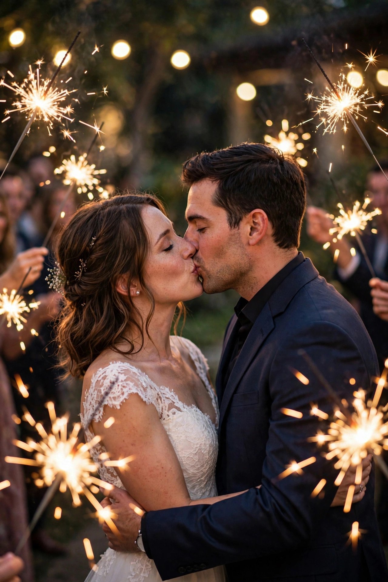 Couple sharing a kiss during sparkler send-off