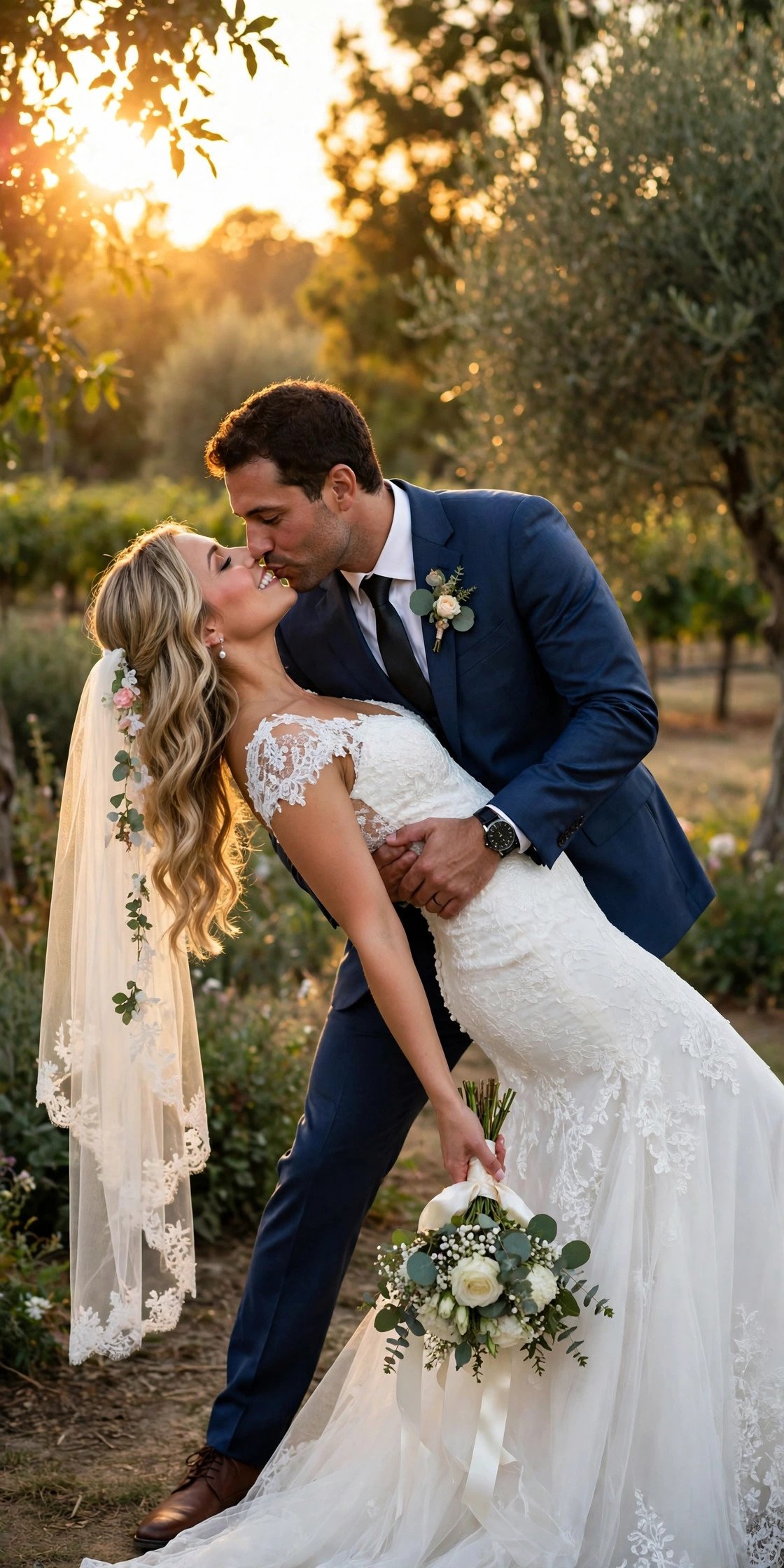 Bride and groom in a romantic dip kiss pose at golden hour