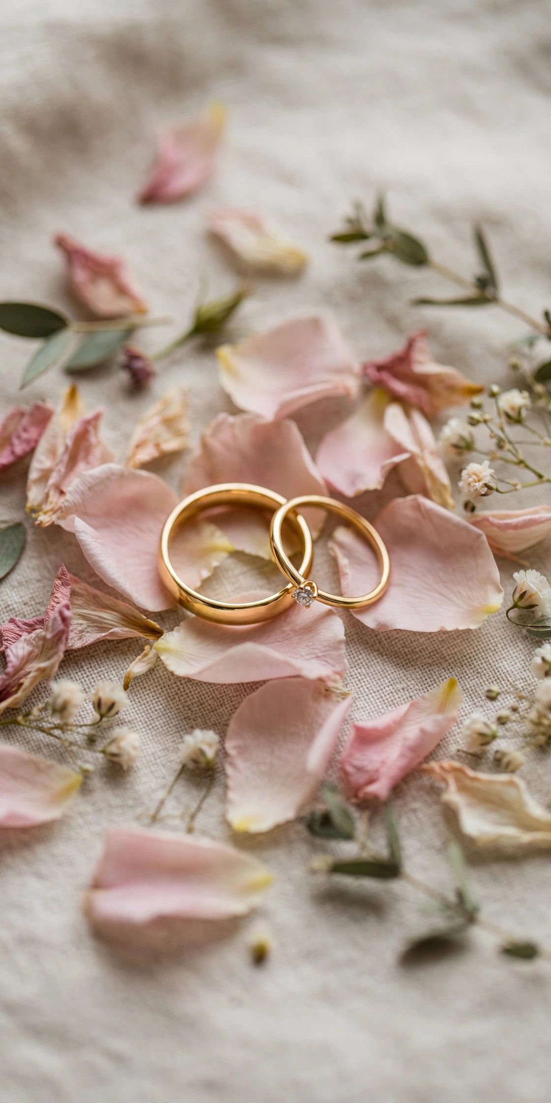 Wedding rings nestled in loose flower petals