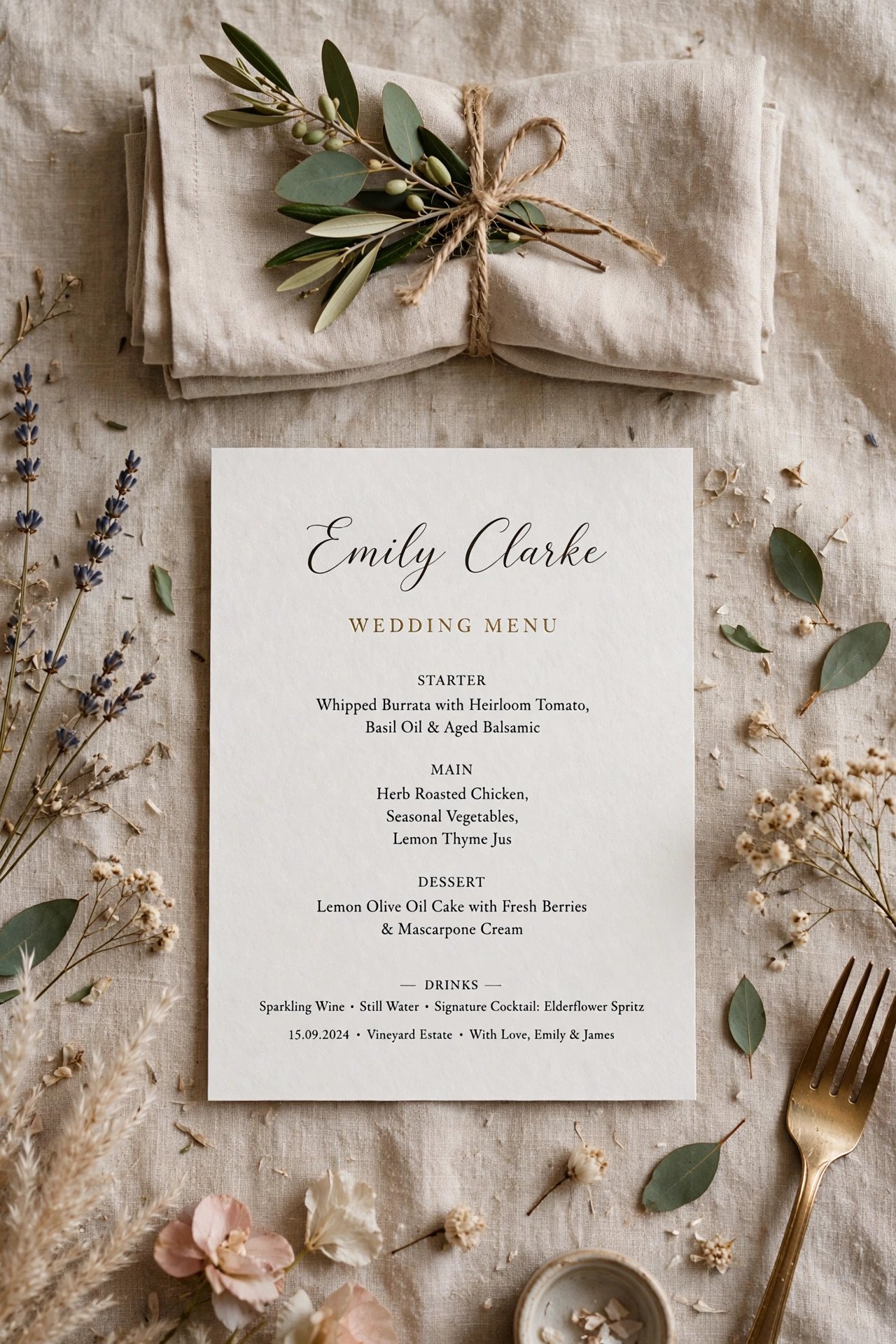 Wedding menu place card and napkin flat lay