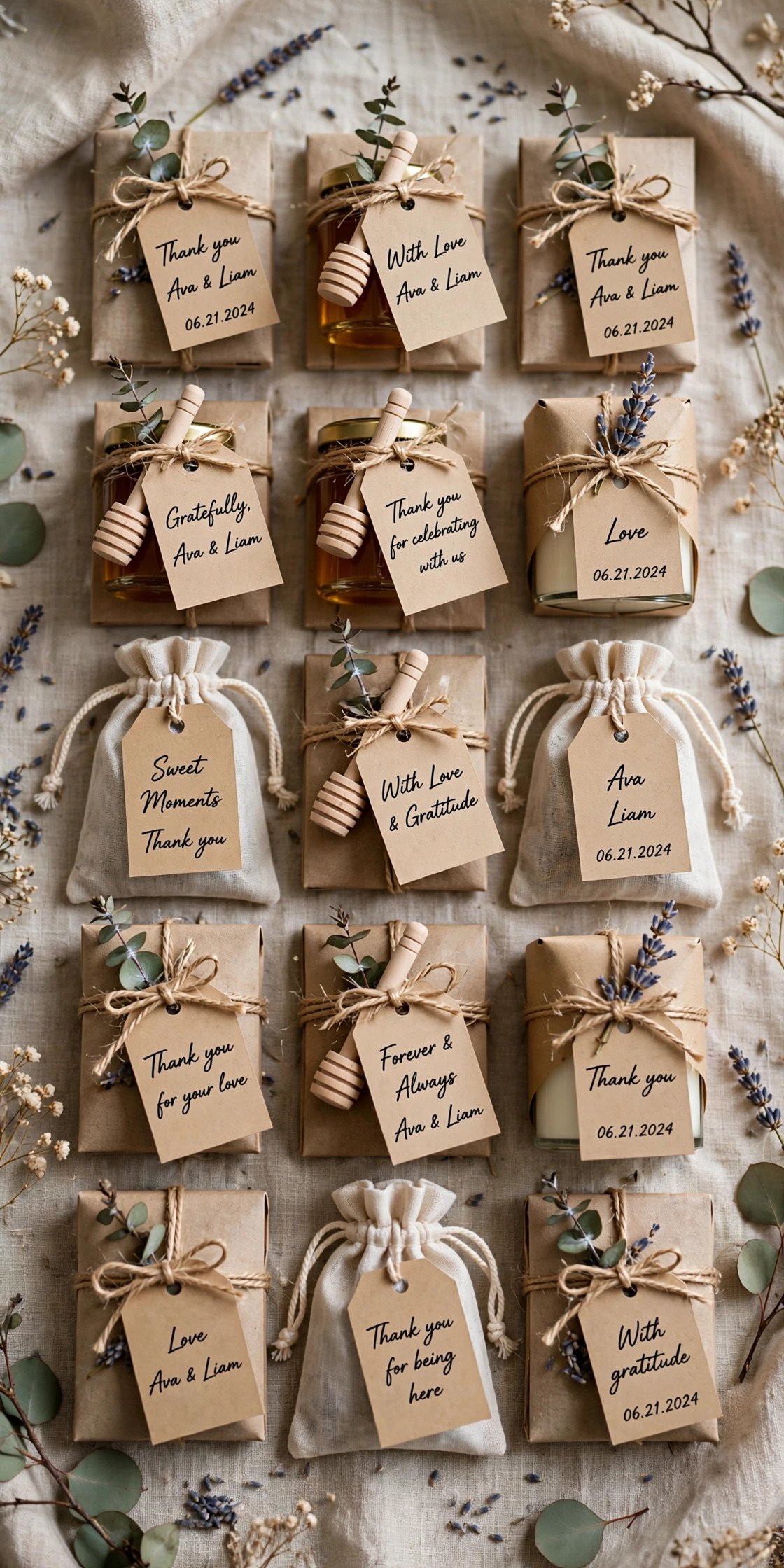 Wedding favors with gift tags arranged in rows