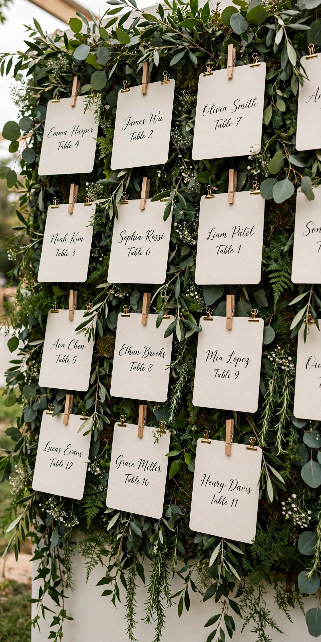 Escort cards displayed on wall with greenery