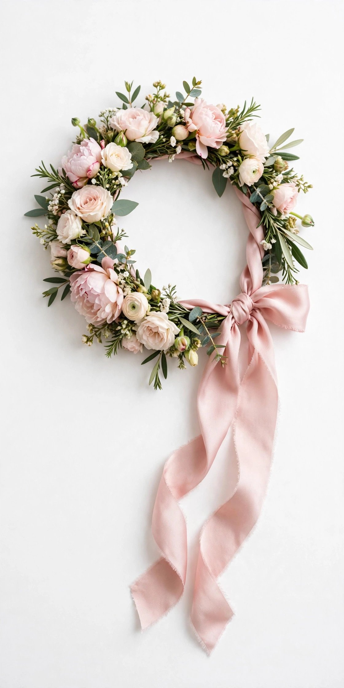Floral crown with silk ribbon on white background