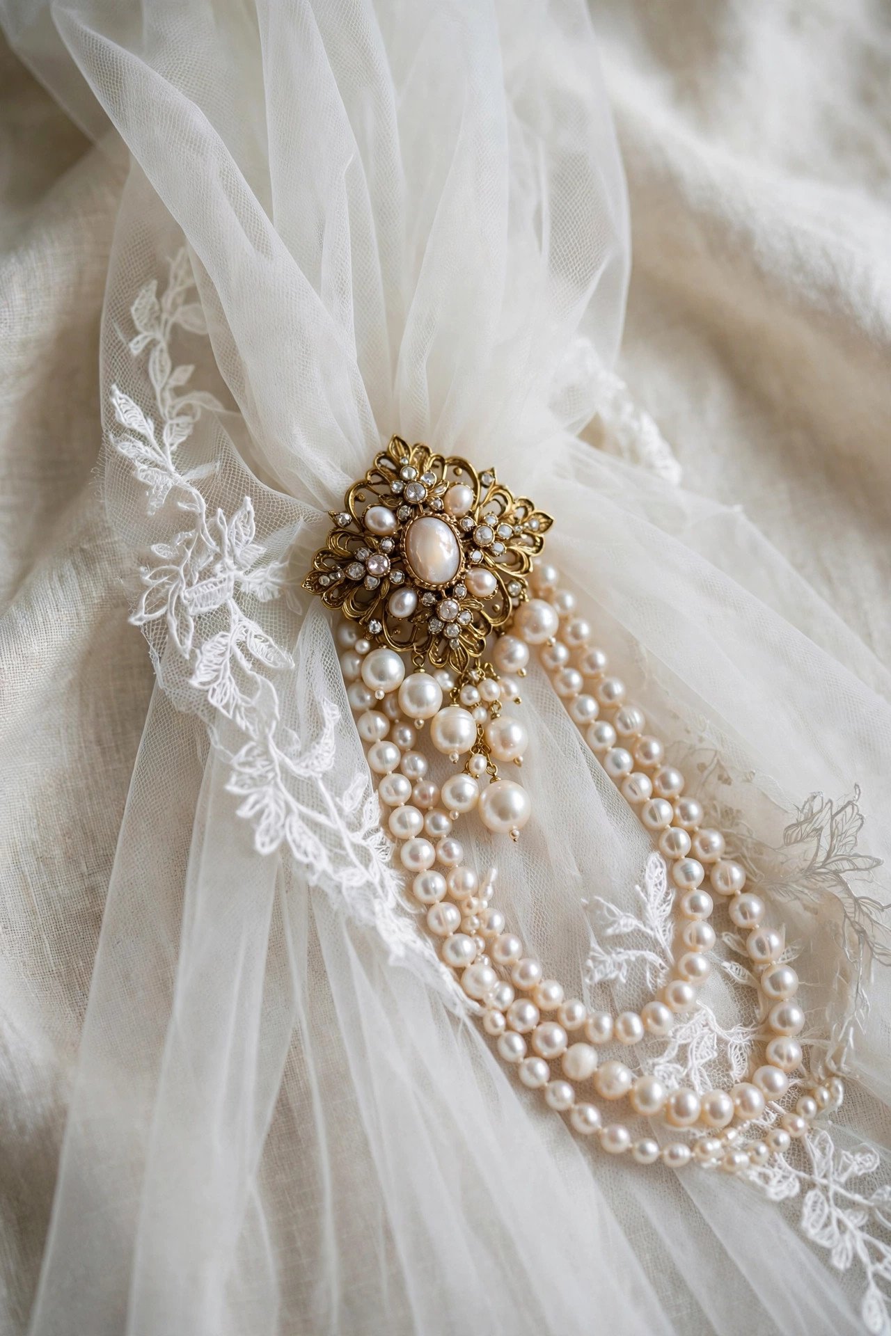 Bridal veil with heirloom brooch and pearls