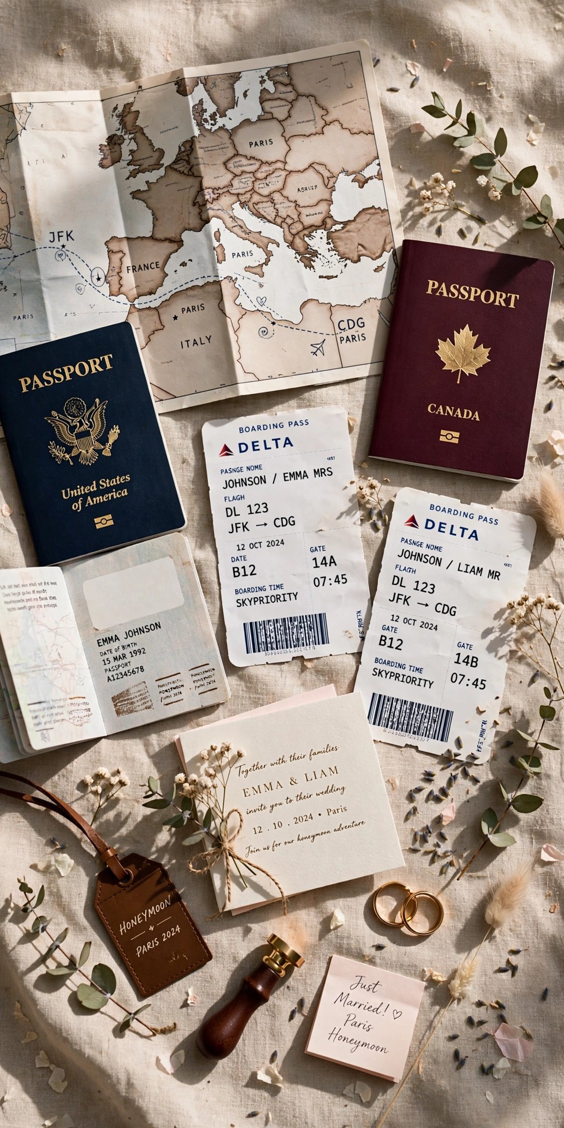 Passports map and boarding passes wedding flat lay