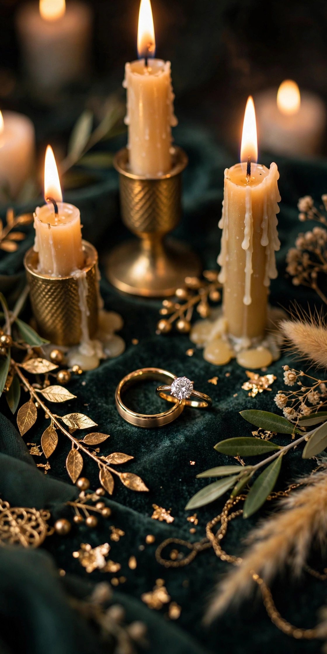 Wedding rings with candles and gold details