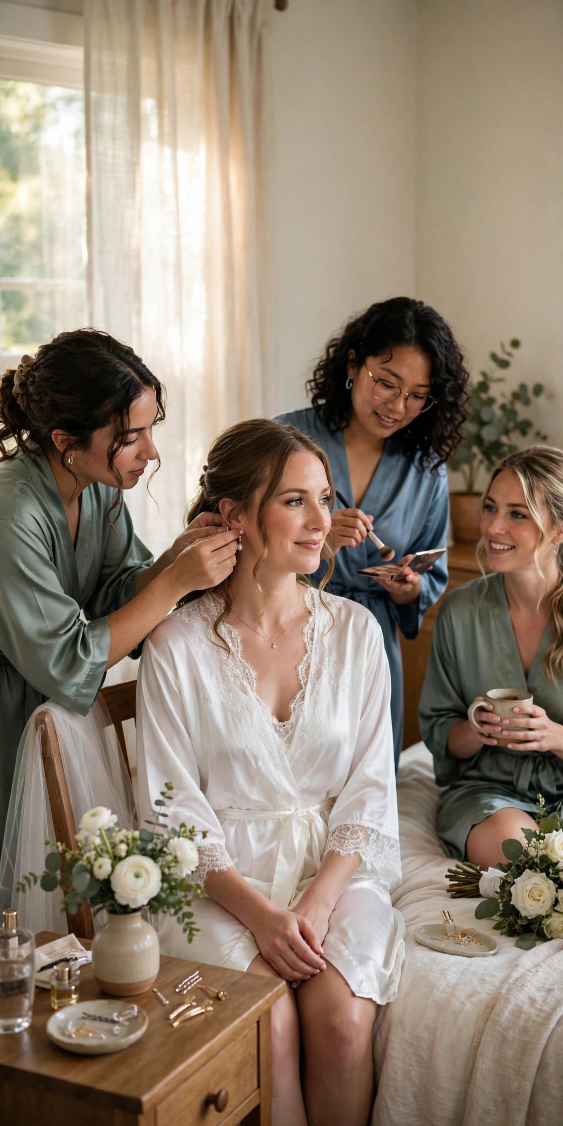 Bride getting ready with bridesmaids in morning light