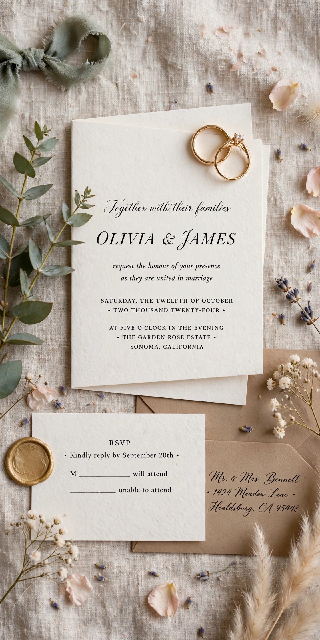 Wedding detail flat lay with rings and invitation
