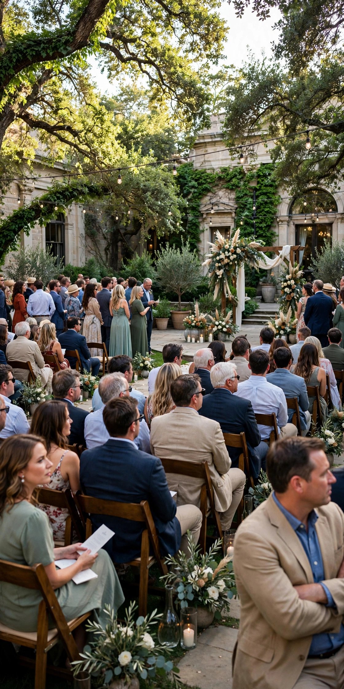 Wide shot of ceremony setup with guests
