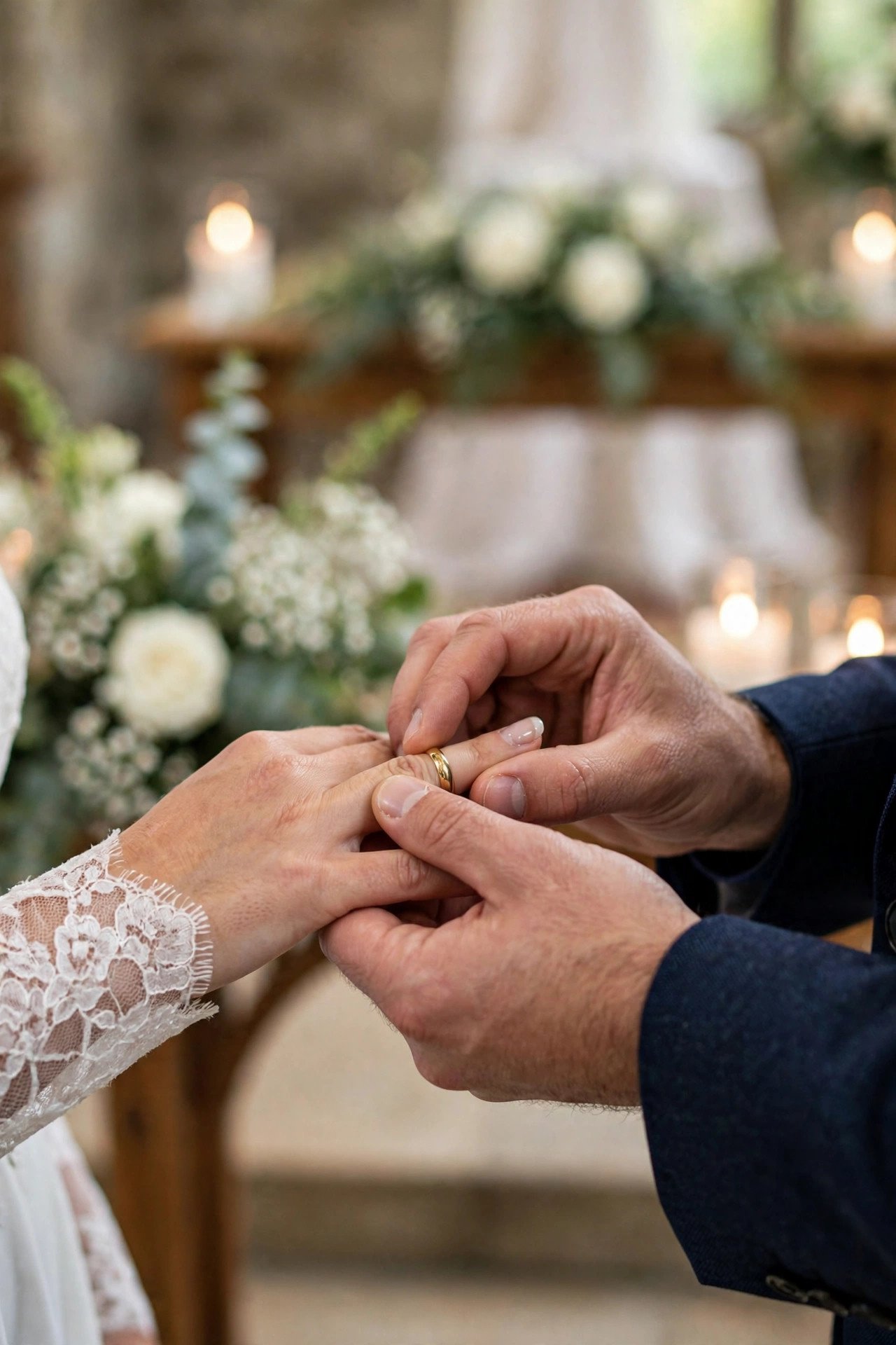Close-up of ring exchange at altar
