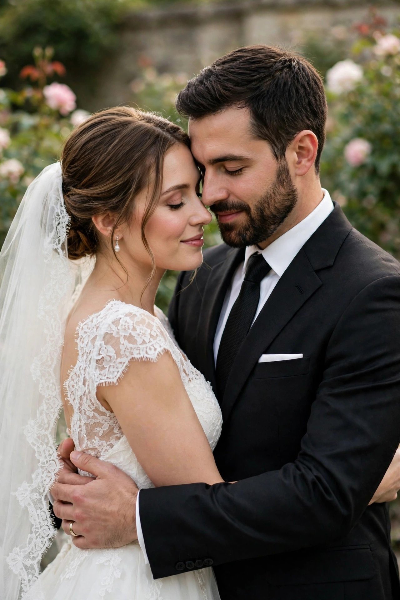 Bride and groom in classic embrace portrait