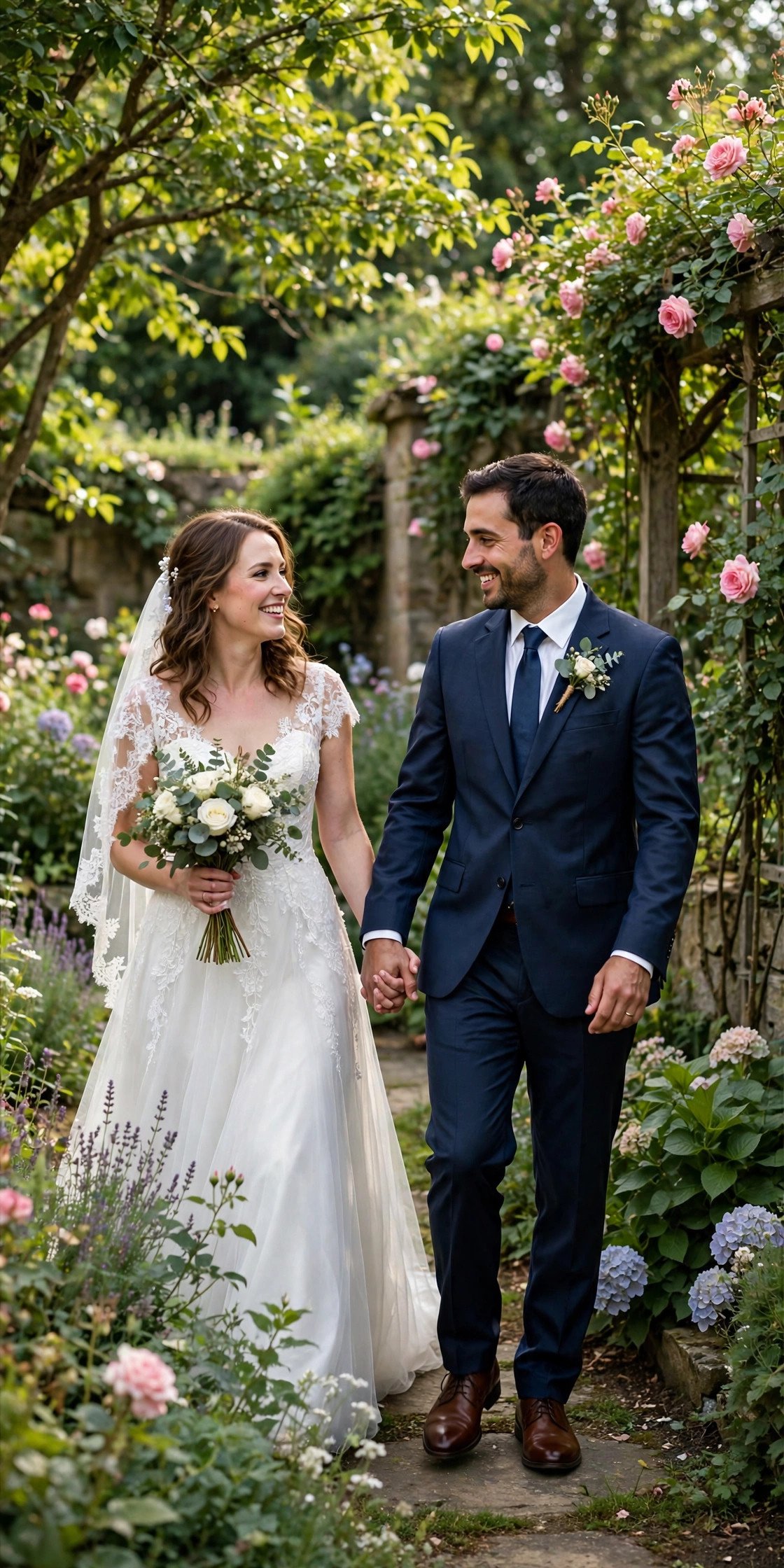 Newlyweds walking hand in hand through garden