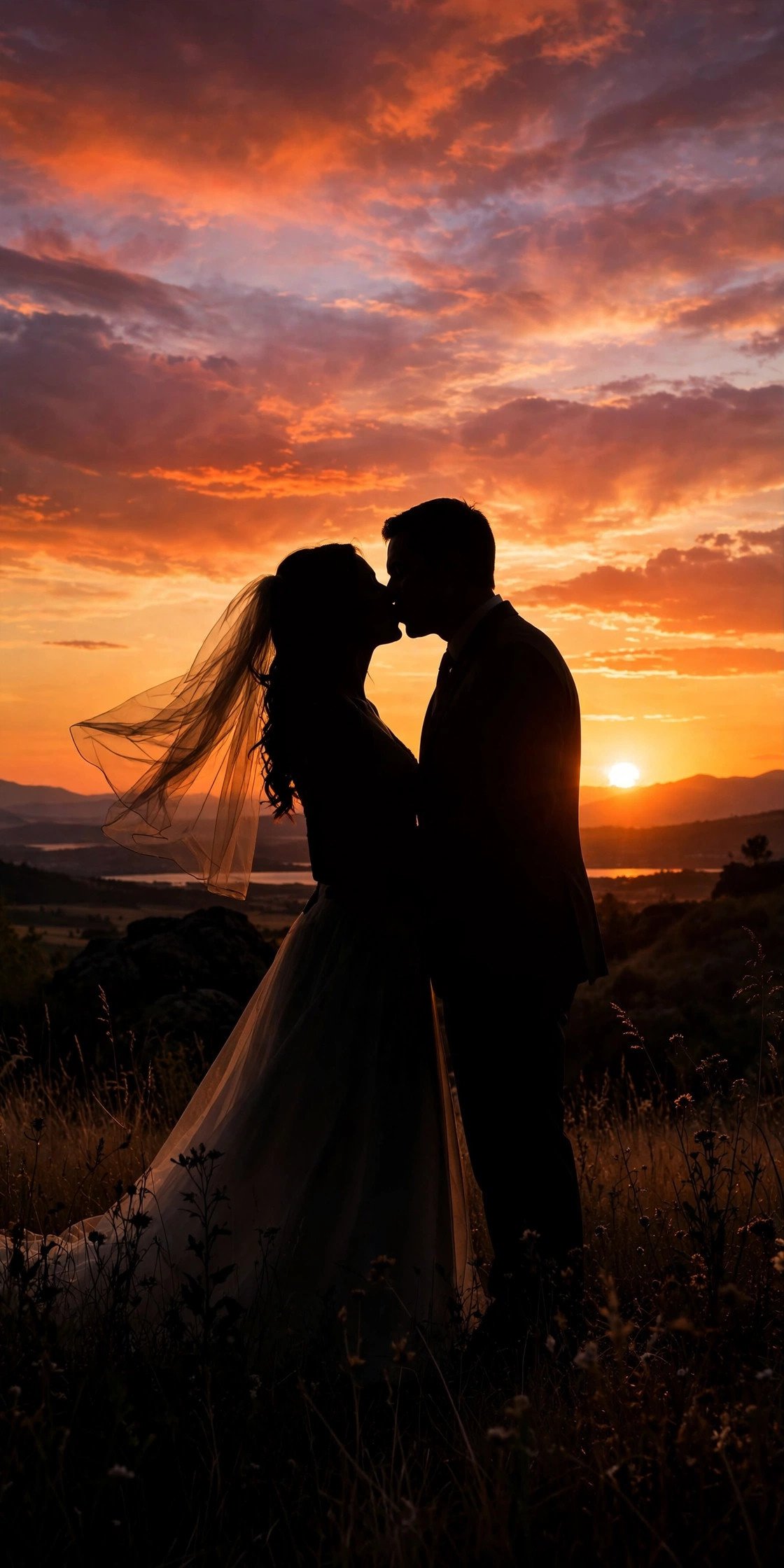 Bride and groom silhouette kissing at sunset