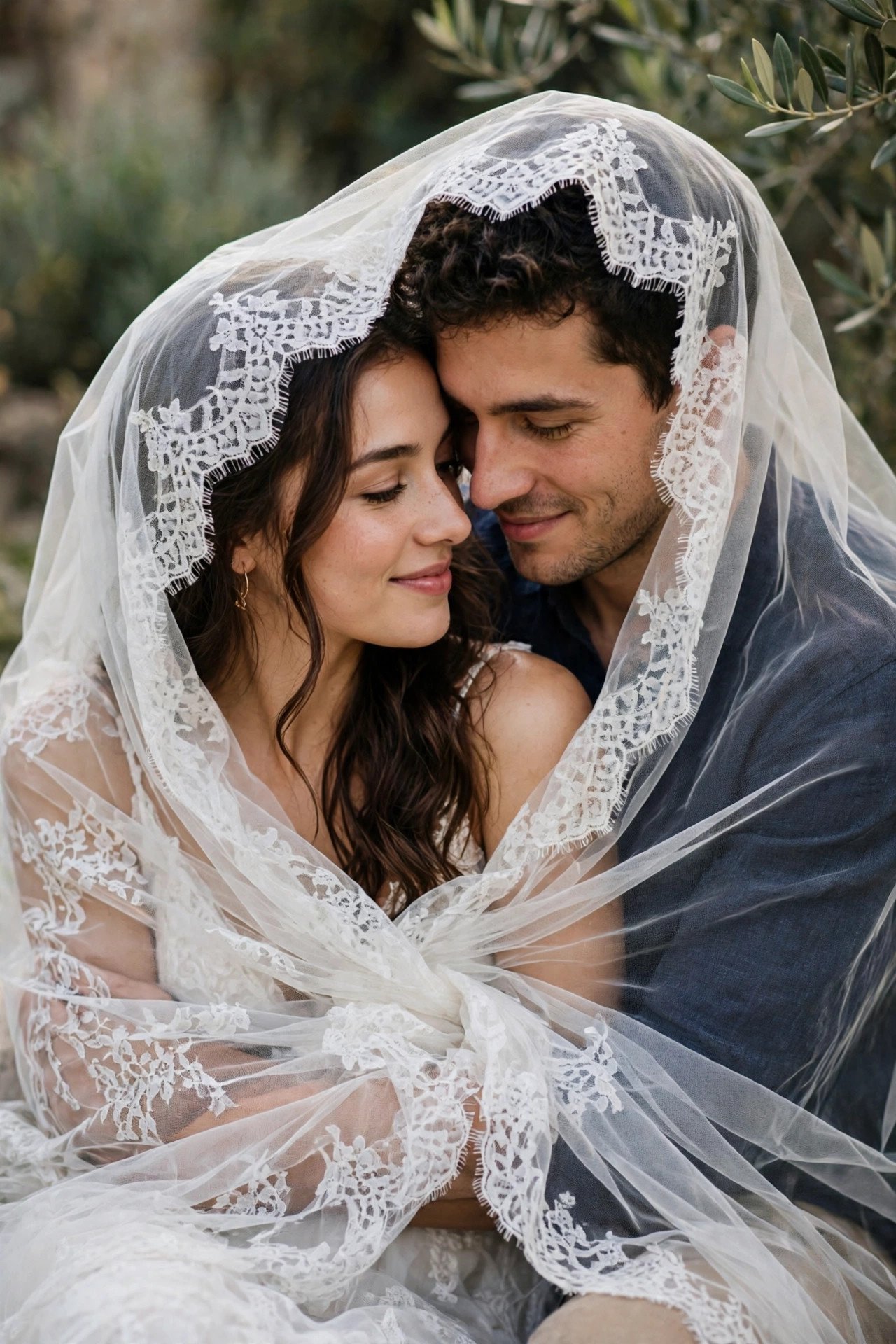 Couple wrapped together in bride's veil