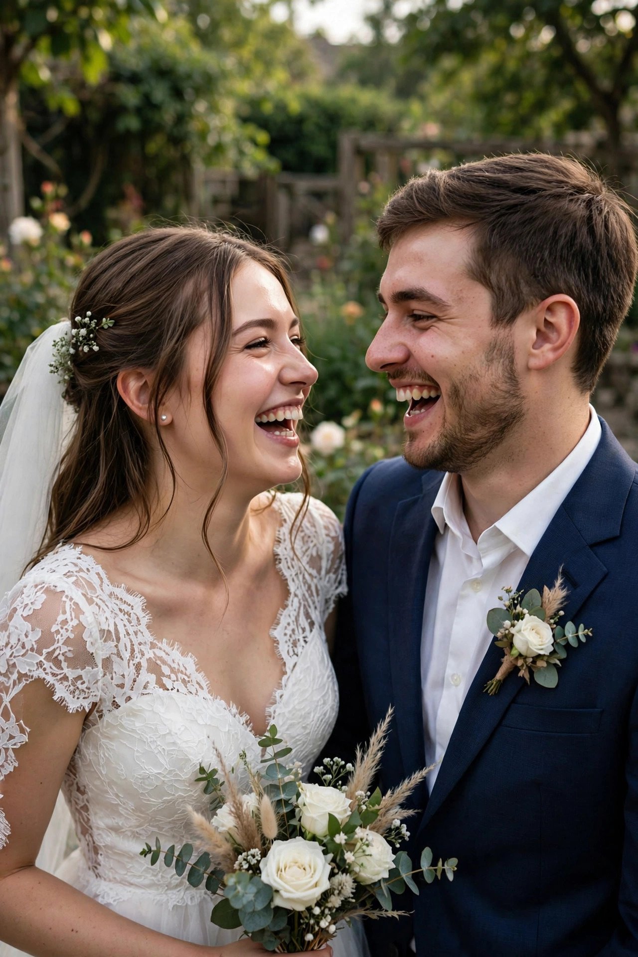 Bride and groom laughing together candidly