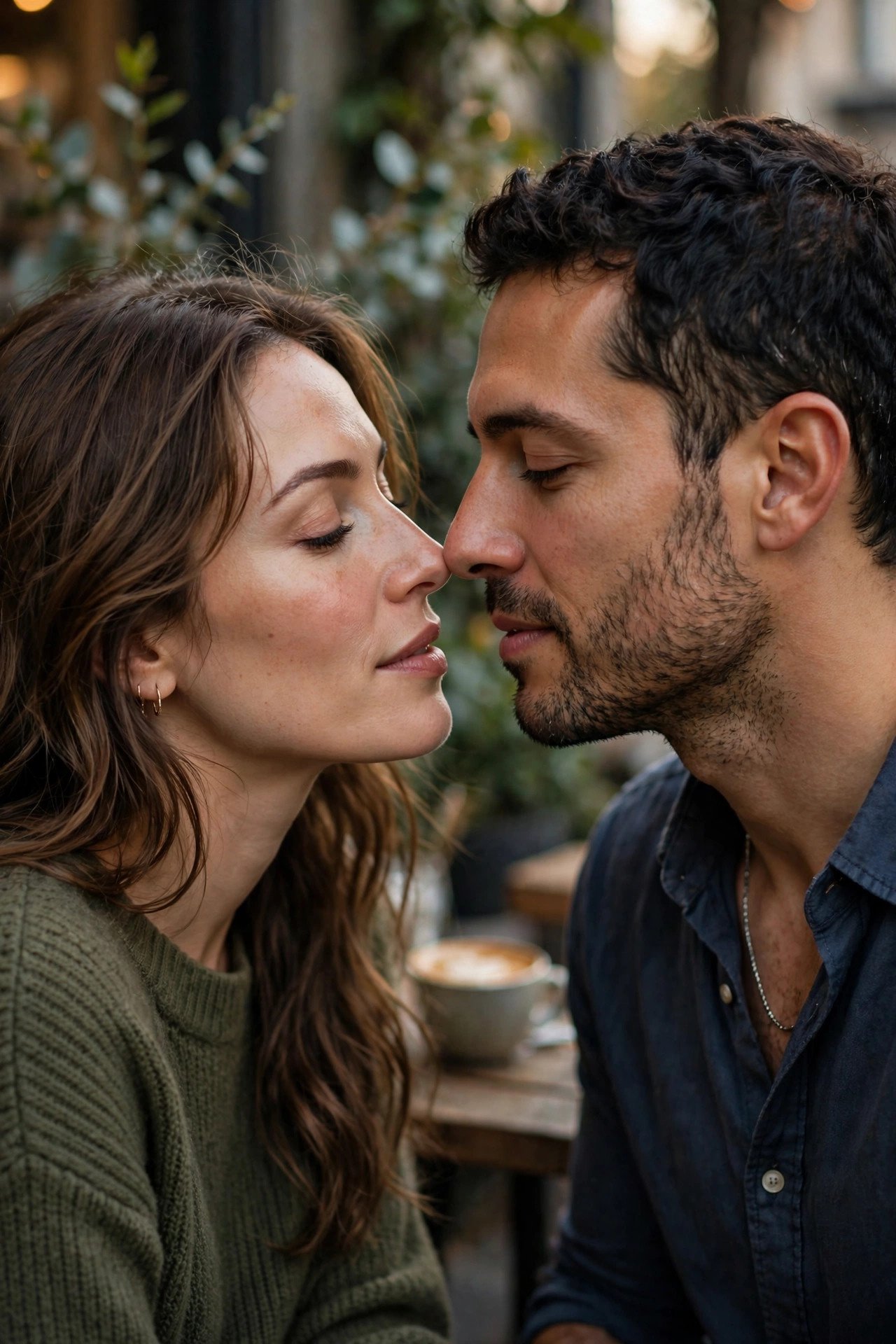 Couple leaning in for almost kiss