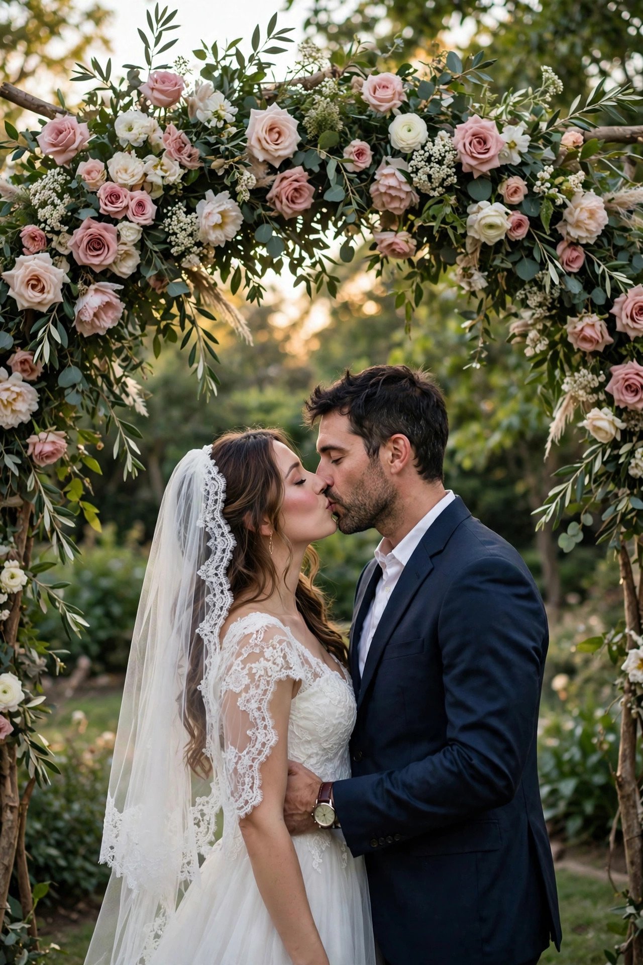 Couple kissing under floral wedding arch