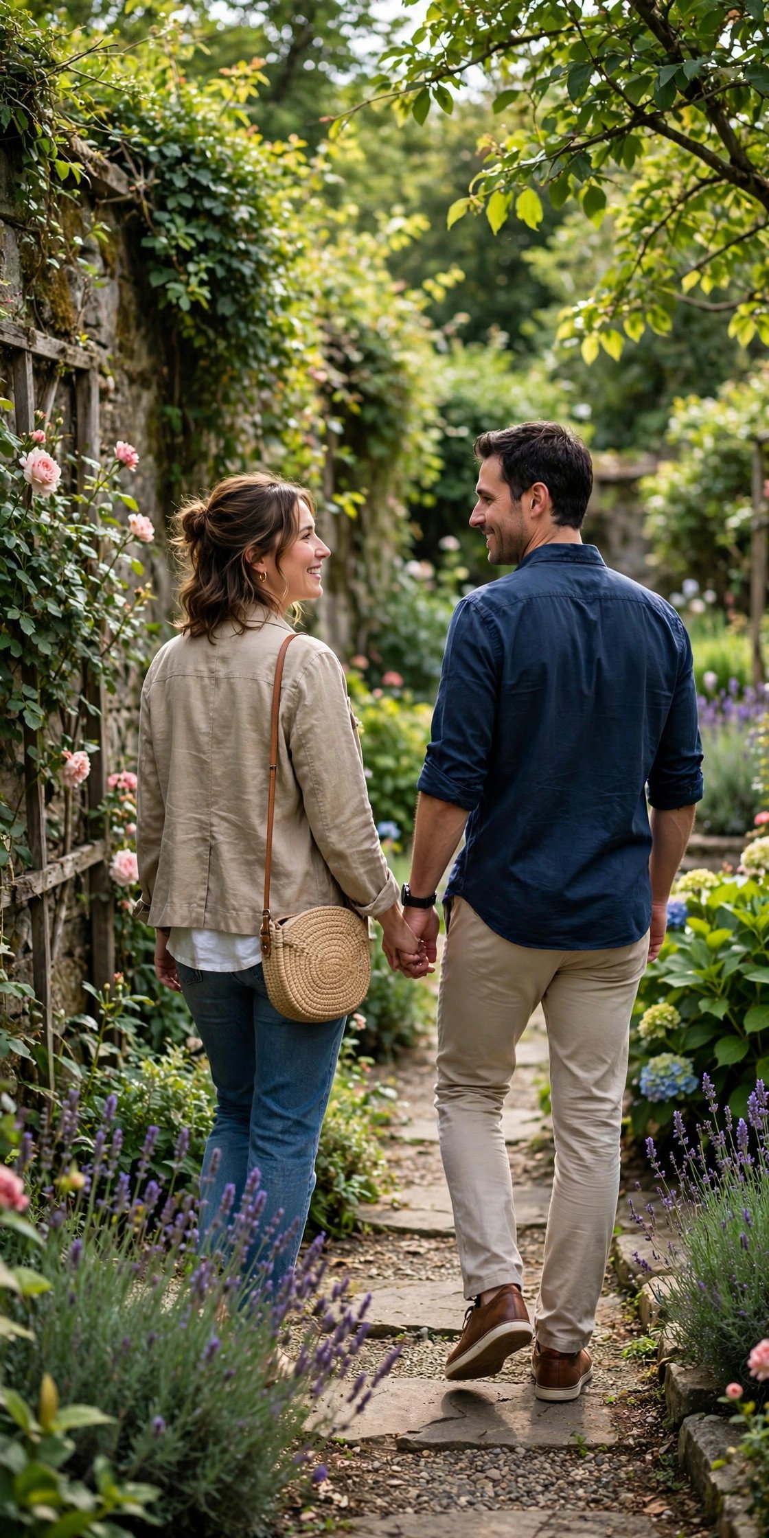 Couple strolling down garden path