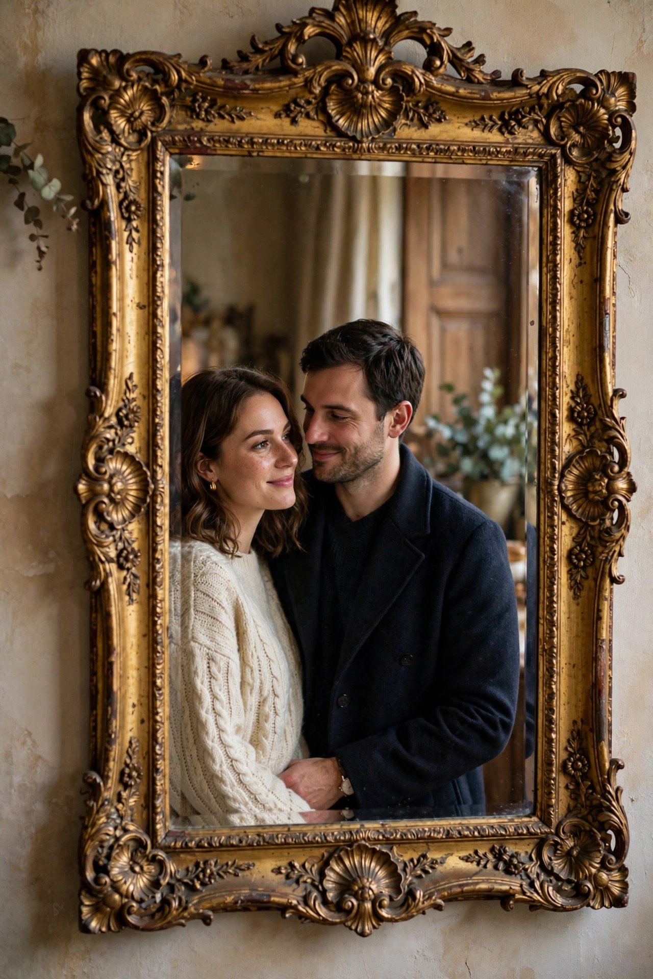 Couple reflected in ornate vintage mirror