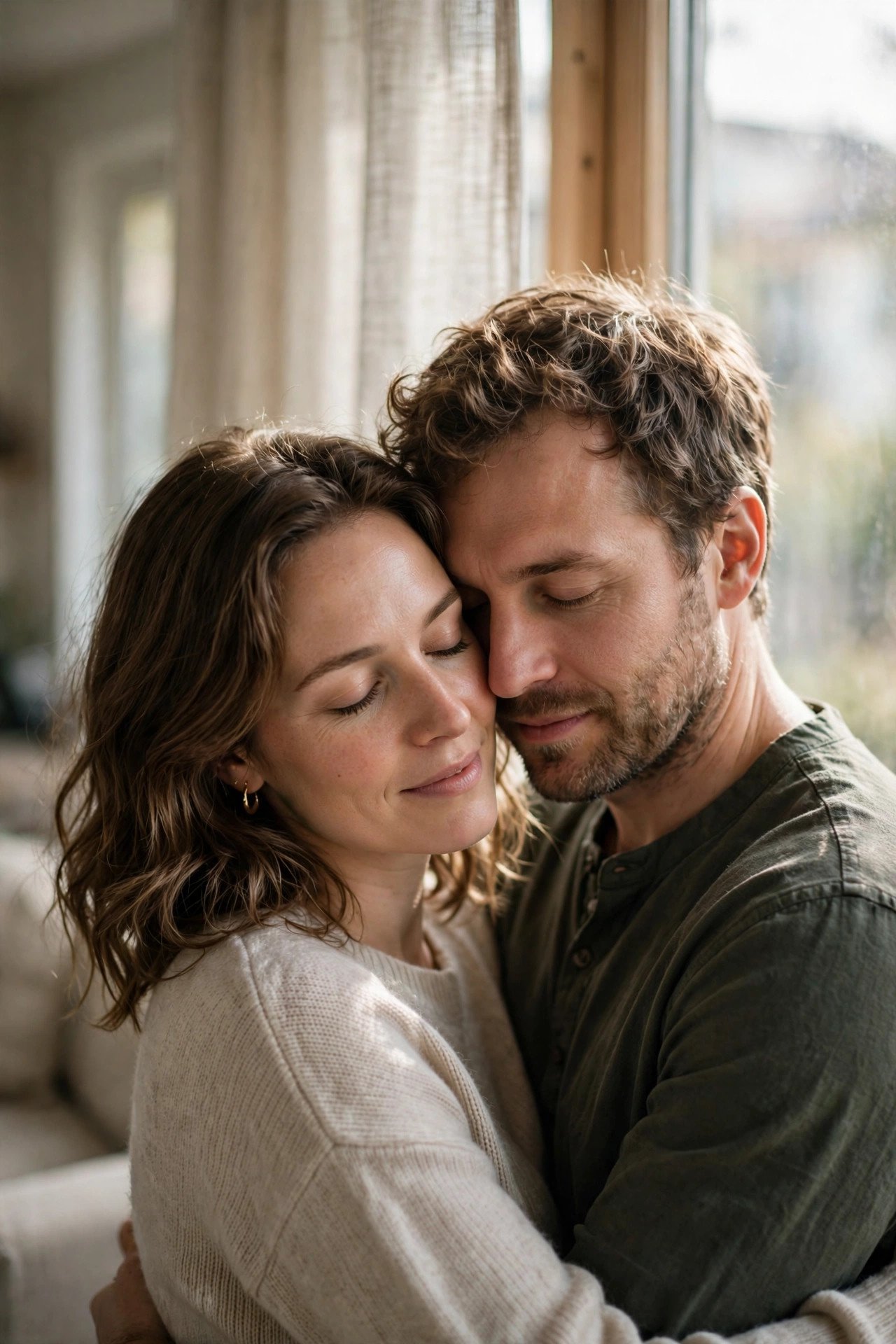 Couple in soft window light embracing