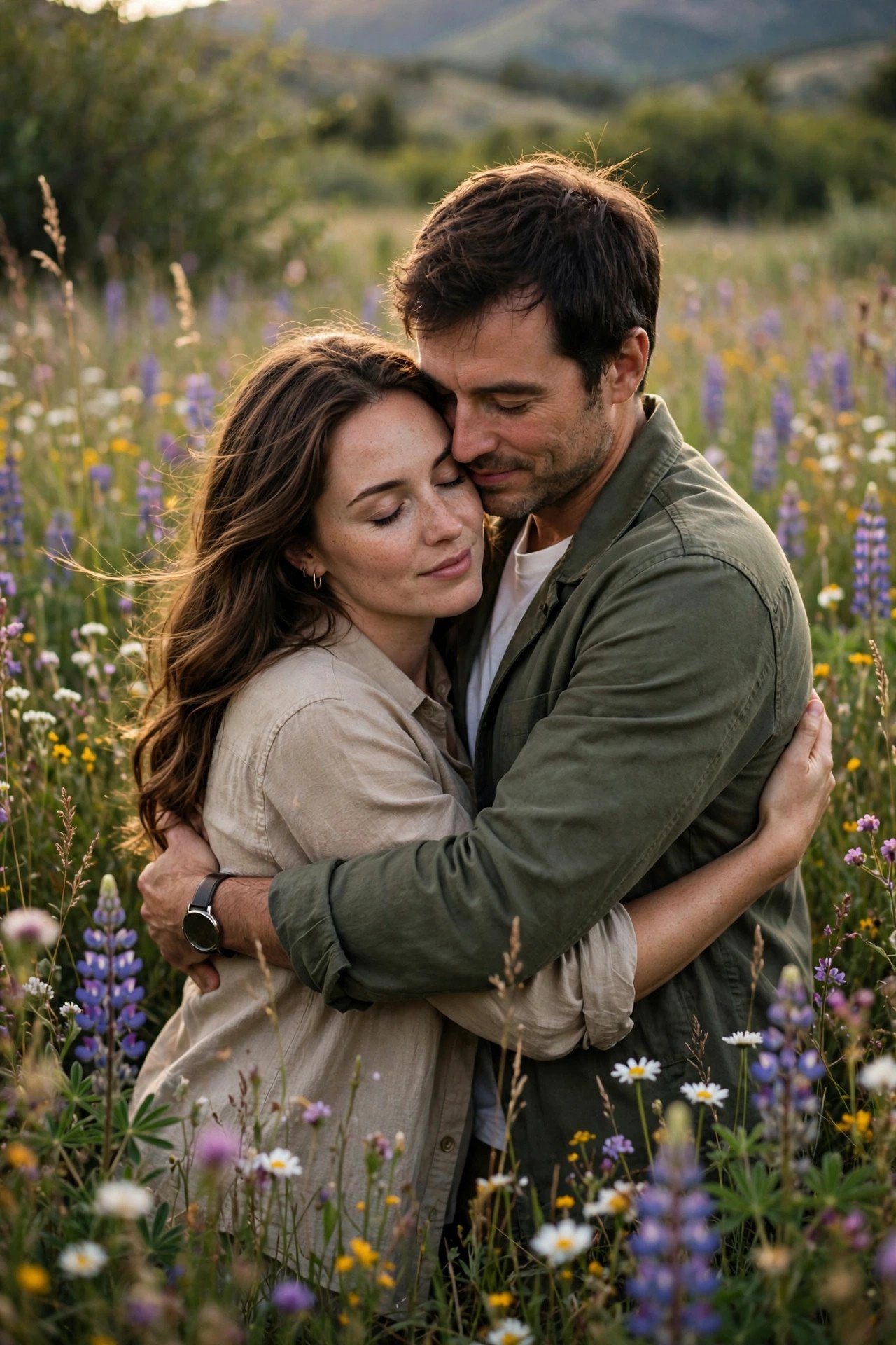 Couple embracing in wildflower field