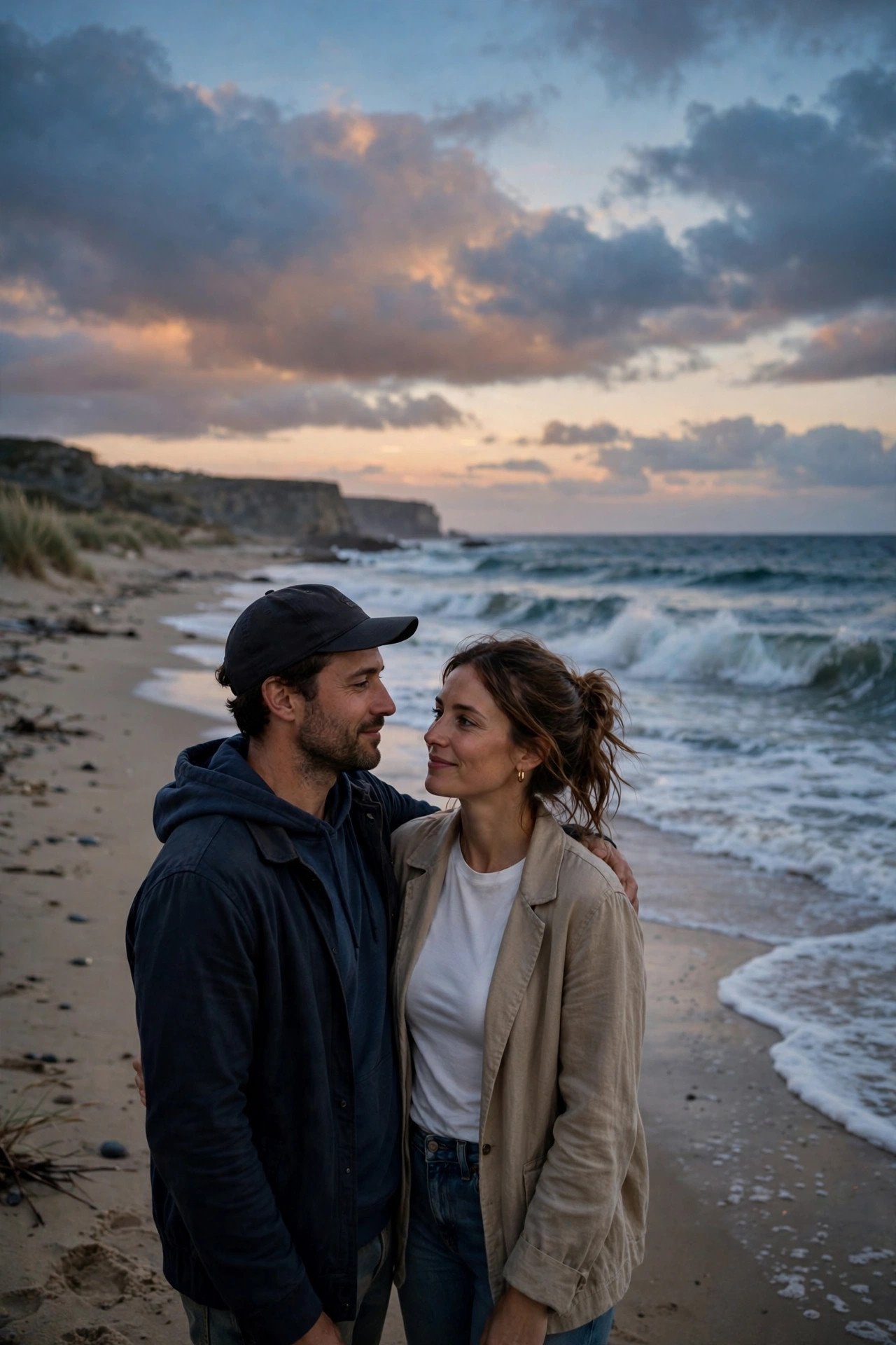 Couple on beach at dusk with waves
