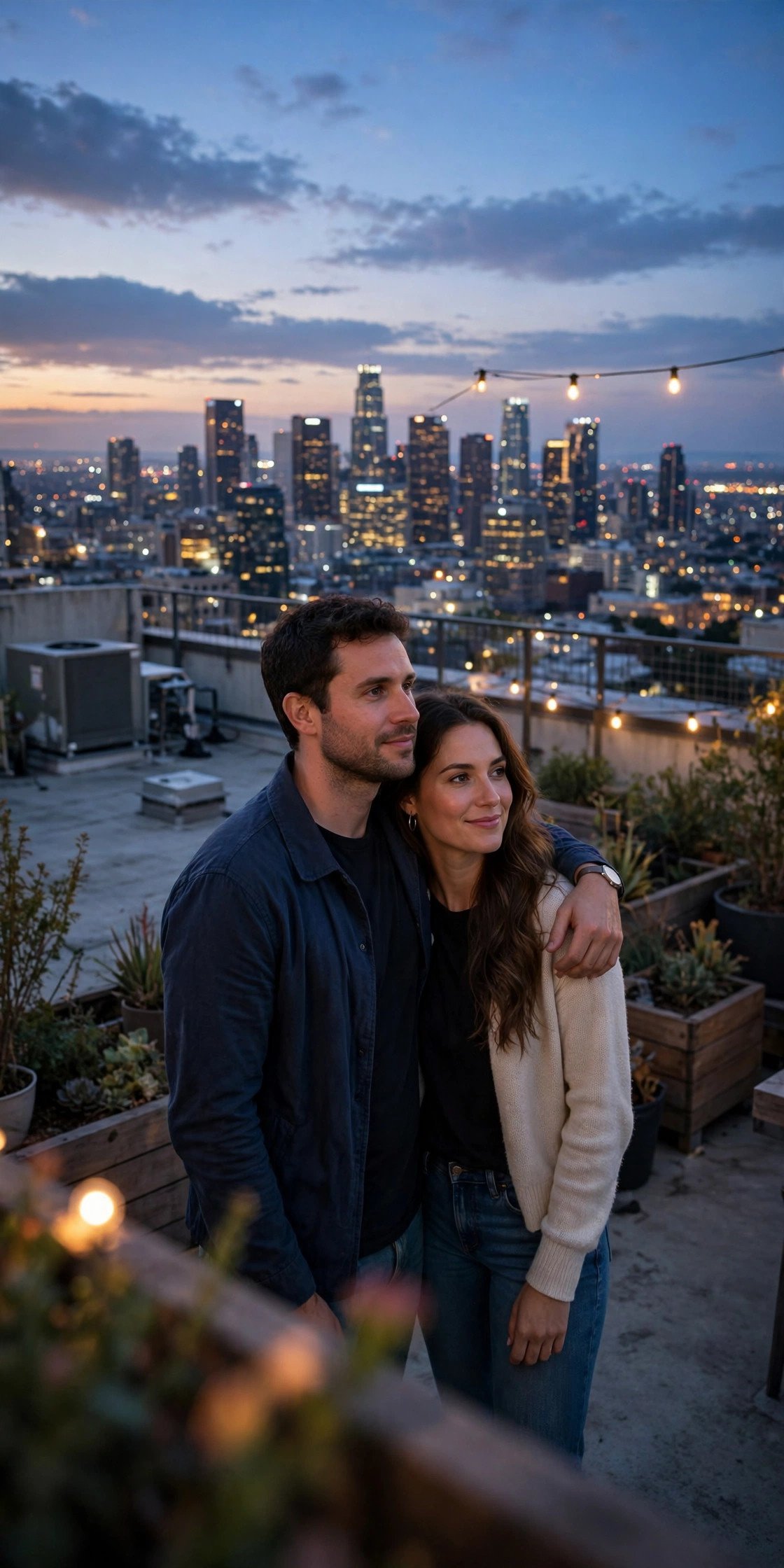 Couple on rooftop with city skyline at dusk