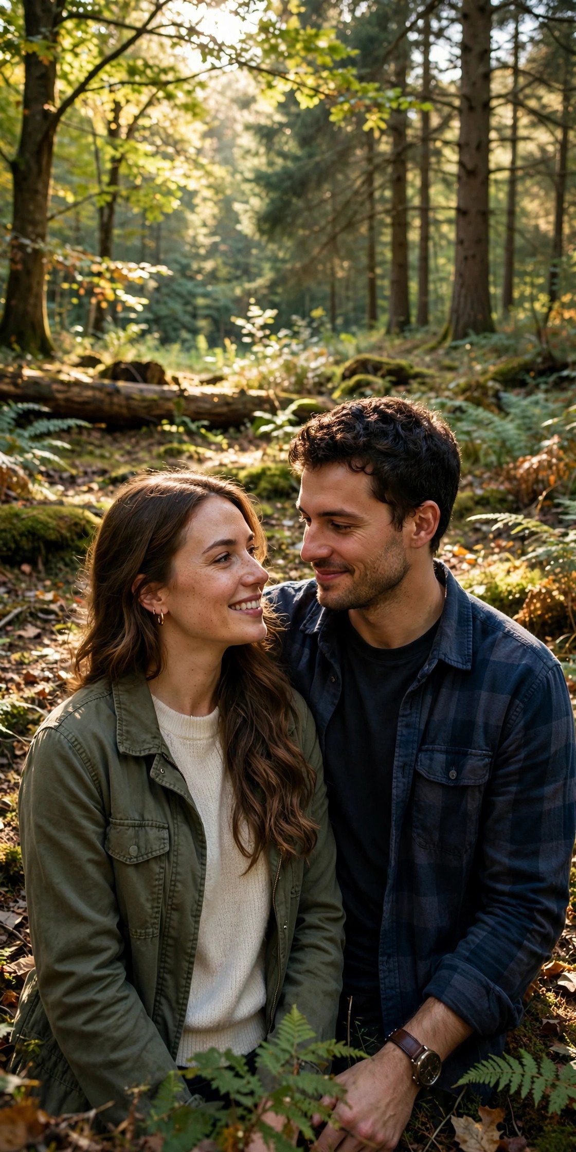 Couple in sun-dappled forest clearing