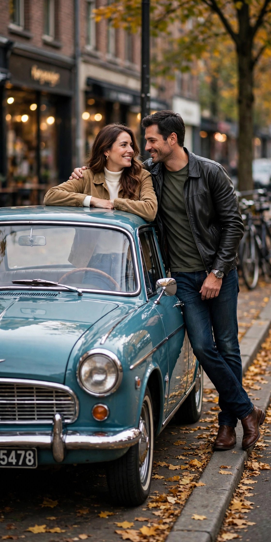 Couple leaning on vintage car