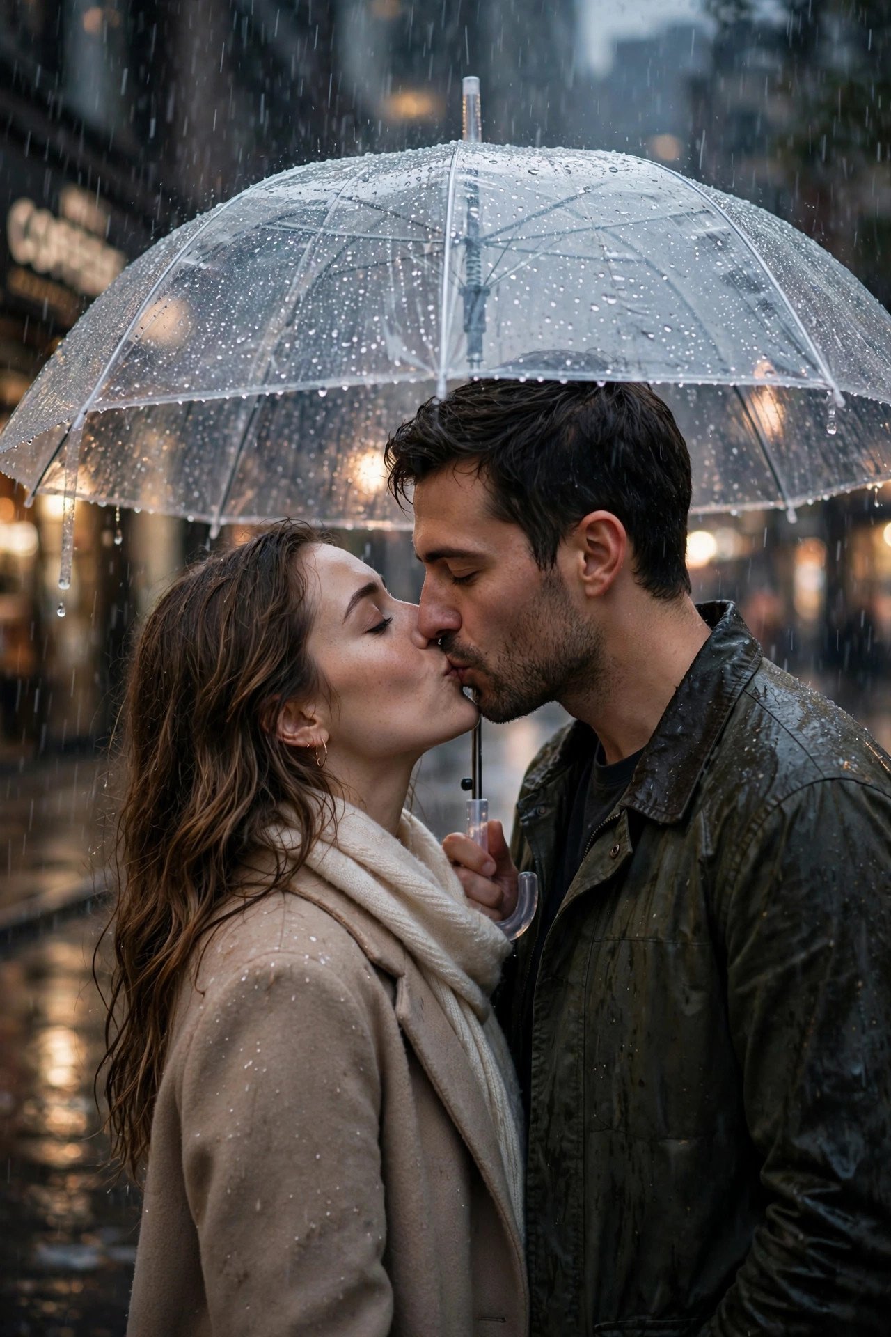 Couple kissing under clear umbrella in rain